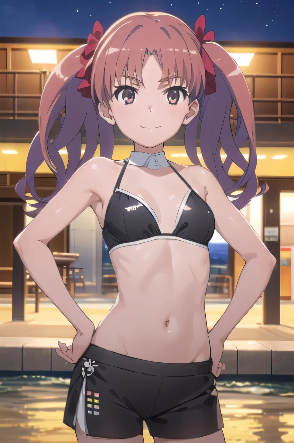 (((pixel-perfect, detail-perfect))), solo, 1girl, shirai kuroko, tokiwadai, (cowboy shot:1.5), solo, night sky, beach, arm behind head, hand on hip, contrapposto, spread armpits, looking at viewer, best quality, closed mouth, smile, black bikini, black shorts,