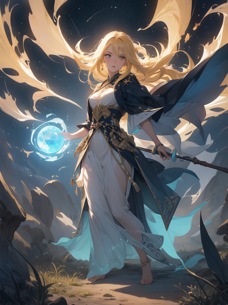 (Masterpiece, top quality), (perfect body: 1.2),(full body), (detailed hair),(blonde hair),an anime-style illustration of a powerful mage in a vibrant, mystical setting. The mage should have long, flowing hair, adorned with intricate magical accessories such as a glowing amulet and ornate staff. Their robes should be detailed with arcane symbols and enchanted patterns, exuding an aura of ancient wisdom and formidable power. Surround them with swirling magical energy, spellbooks, and mystical creatures like ethereal dragons or spirit animals. The background should feature a fantasy landscape with elements like a majestic castle, enchanted forest, or starry night sky filled with constellations and magical runes. Capture the dynamic movement and intensity of the mage casting a powerful spell, with vivid colors and dramatic lighting