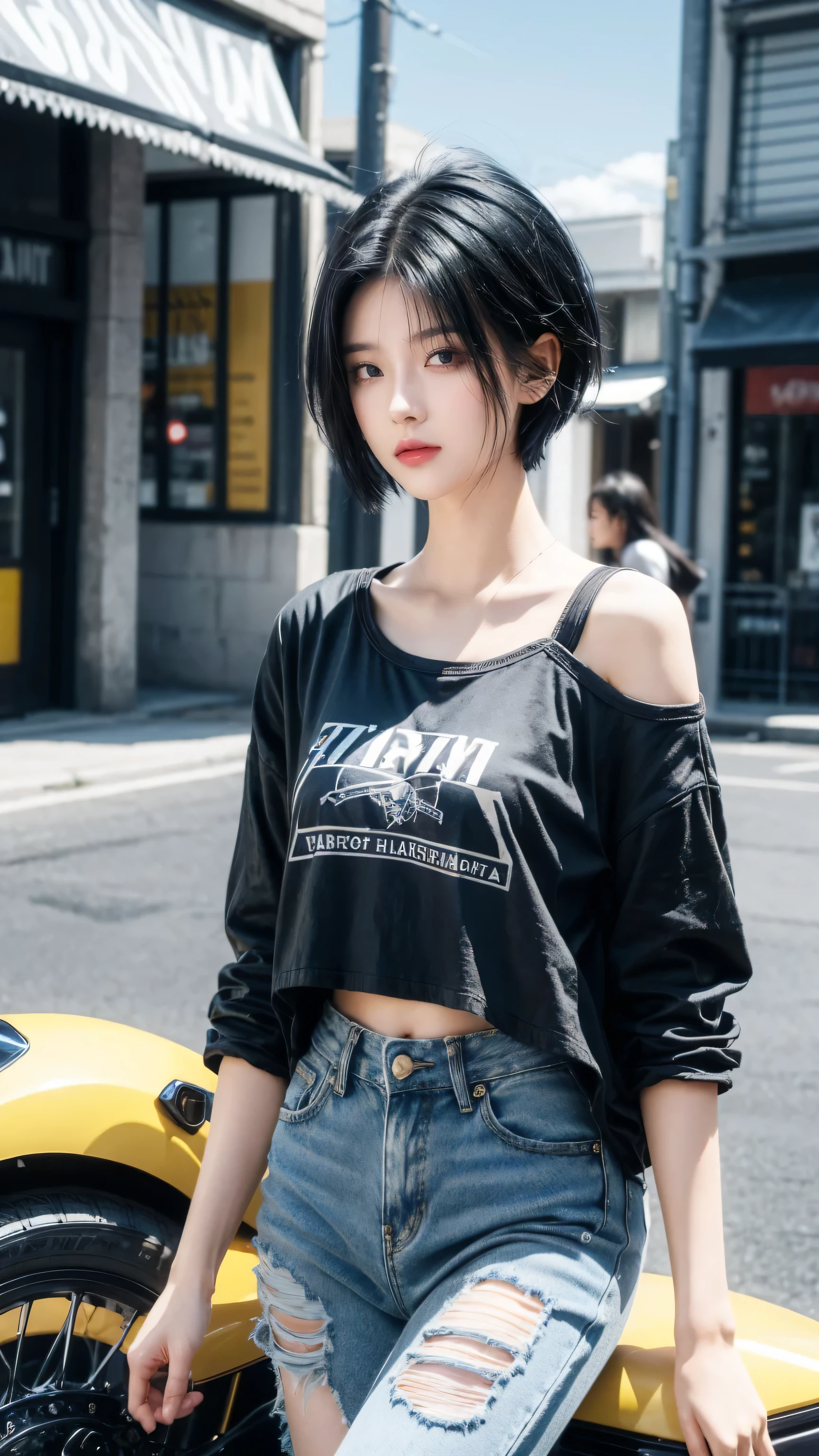 best quality, 1 Girl, Dark blue hair, black eyes, Very short hair, Spiky hair, oversize t-shirt, High waist short jeans, 171 cm, Messy hair, Hair between the eyes, Medium breasts, full, Tomboy, aldult, 20 years old, 1 Girl near yellow motorcycle