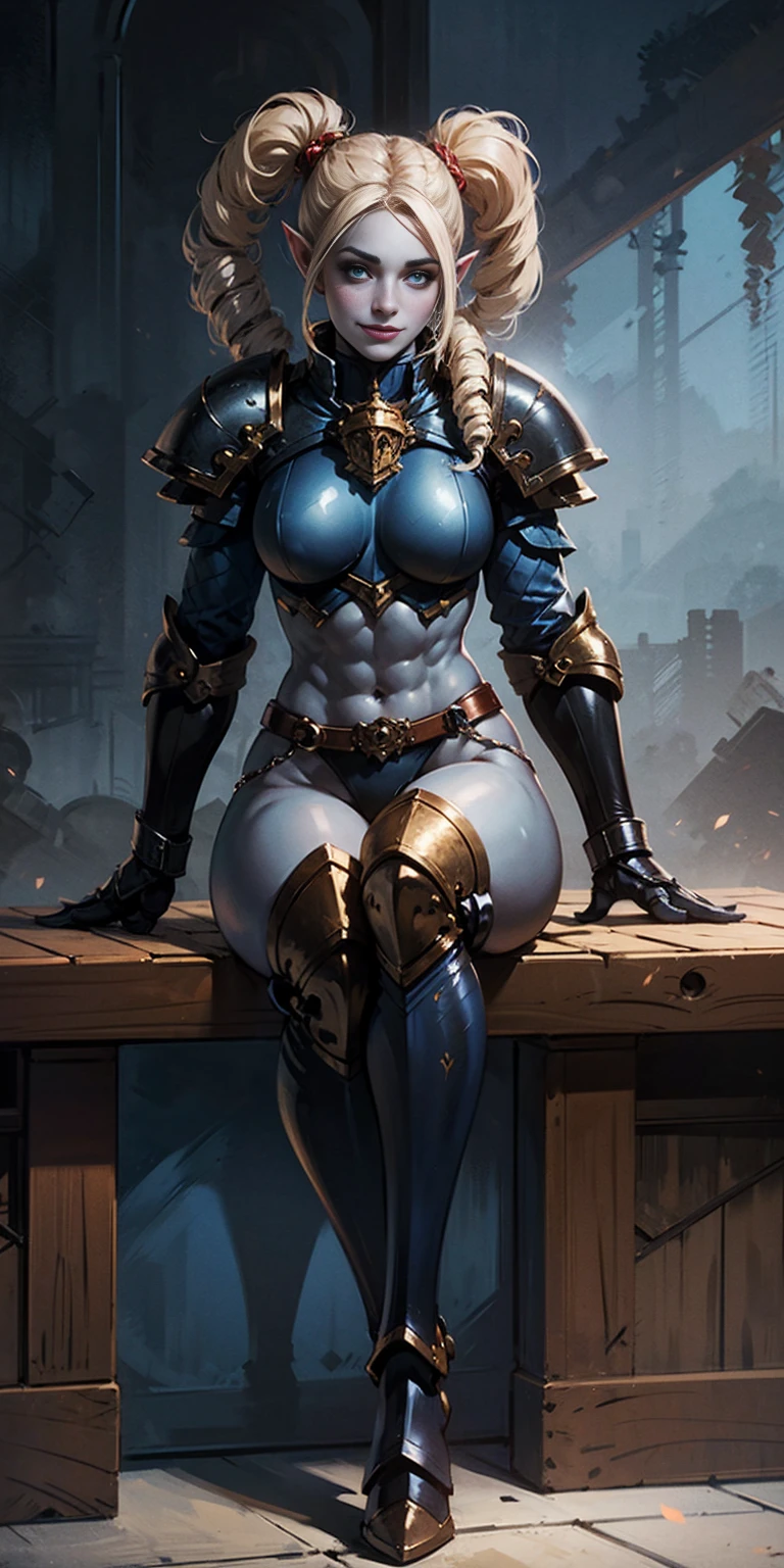 full body sitting on a bench showing ass to me, BLUE breastplate, BLUE skin (1girl)(BLUE skin:1.2), looking at viewer, shiny, armor, thigh highs, high boots, pauldrons shoulder armor, faulds, poleyn, gloves, gauntlets, rerebrace armored boots, (masterpiece, best quality, ultra-detailed, best shadow) yordle pointy ears muscular lean platinum blonde long twin-tails hairstyle at the office lustful smirking smile face red blushed, blush, strong abs, female body builder, tiara, twin drills hair
