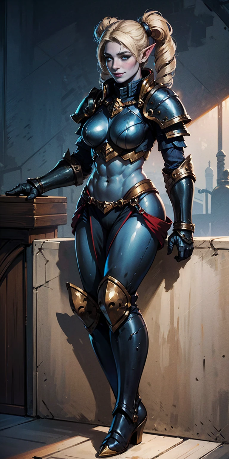 full body sitting on a bench showing ass to me, BLUE breastplate, BLUE skin (1girl)(BLUE skin:1.2), looking at viewer, shiny, armor, thigh highs, high boots, pauldrons shoulder armor, faulds, poleyn, gloves, gauntlets, rerebrace armored boots, (masterpiece, best quality, ultra-detailed, best shadow) yordle pointy ears muscular lean platinum blonde long twin-tails hairstyle at the office lustful smirking smile face red blushed, blush, strong abs, female body builder, tiara, twin drills hair