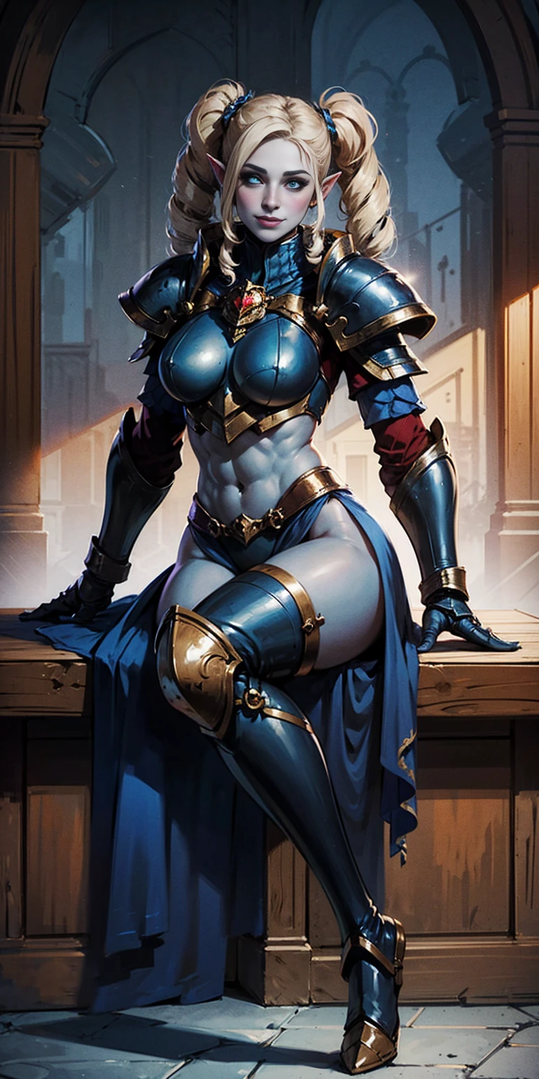 full body sitting on a bench showing ass to me, BLUE breastplate, BLUE skin (1girl)(BLUE skin:1.2), looking at viewer, shiny, armor, thigh highs, high boots, pauldrons shoulder armor, faulds, poleyn, gloves, gauntlets, rerebrace armored boots, (masterpiece, best quality, ultra-detailed, best shadow) yordle pointy ears muscular lean platinum blonde long twin-tails hairstyle at the office lustful smirking smile face red blushed, blush, strong abs, female body builder, tiara, twin drills hair