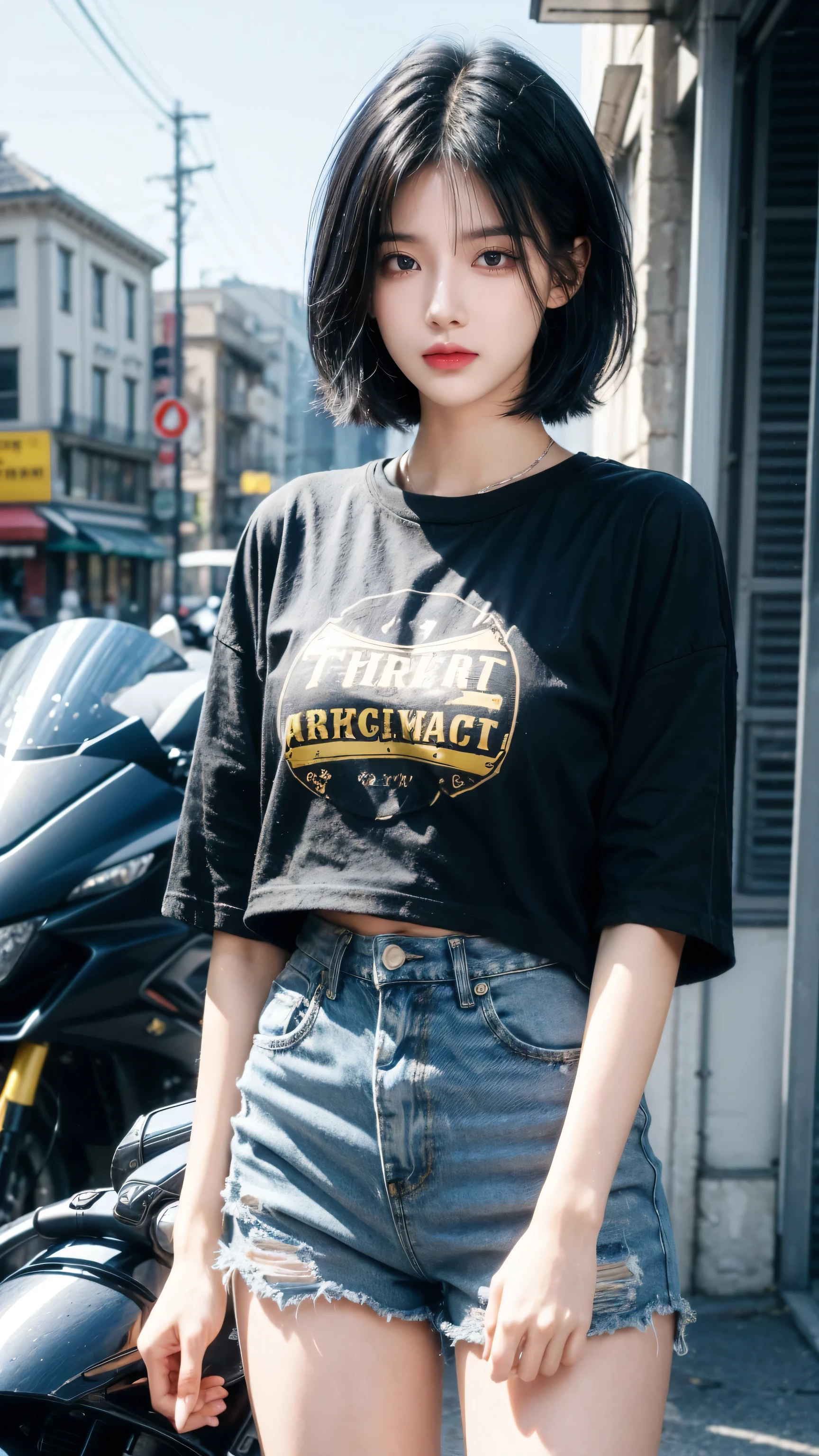 best quality, 1 Girl, Dark blue hair, black eyes, Very short hair, Spiky hair, oversize t-shirt, High waist short jeans, 171 cm, Messy hair, Hair between the eyes, Medium breasts, full, Tomboy, aldult, 20 years old, 1 Girl near yellow motorcycle
