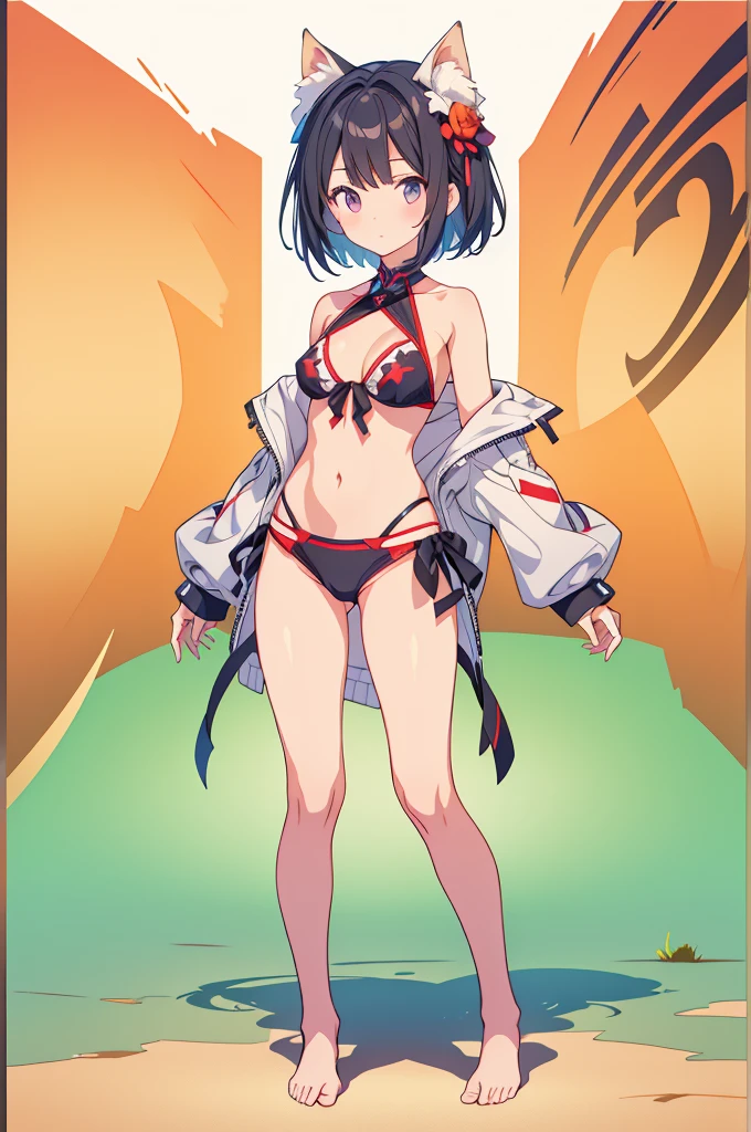 1girl、vtuber-fullbody、highest quality、Masterpiece、Official Art、The best composition、Super detailed、Standing in front of the viewer、short hair、bikini、Small breasts、barefoot、Transparent Background、