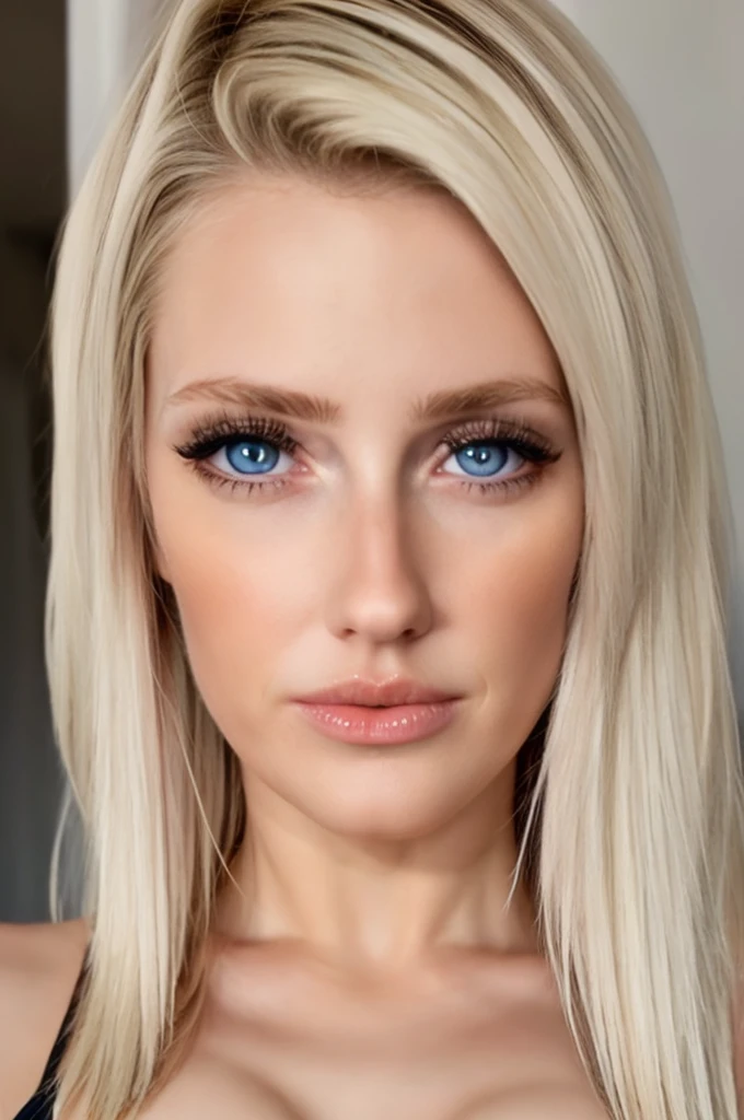 RAW photo (upper body)1.5, 8k uhd, dslr, high quality, woman, blonde hair,  blue eyes, (huge natural breasts)1.3 (sheer leotard)1.3, fitness, sneakers, wide jaw, broad nose, high cheekbones, (puckered lips), studio, short stature, (natural breasts), looking at viewer, b1mb0, th3p1t, b1mb0, smirk, (photo of perfecteyes eyes, perfecteyes eyes symmetrical eyes, ultra detailed eyes) (full body shot)1.5