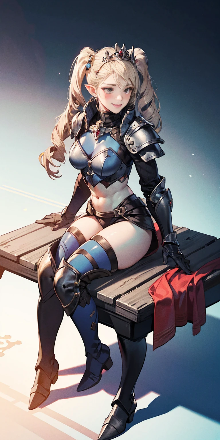 full body sitting on a bench showing ass to me, BLUE breastplate, BLUE skin (1girl)(BLUE skin:1.2), looking at viewer, shiny, armor, thigh highs, high boots, pauldrons shoulder armor, faulds, poleyn, gloves, gauntlets, rerebrace armored boots, (masterpiece, best quality, ultra-detailed, best shadow) yordle pointy ears muscular lean platinum blonde long twin-tails hairstyle at the office lustful smirking smile face red blushed, blush, strong abs, female body builder, tiara, twin drills hair