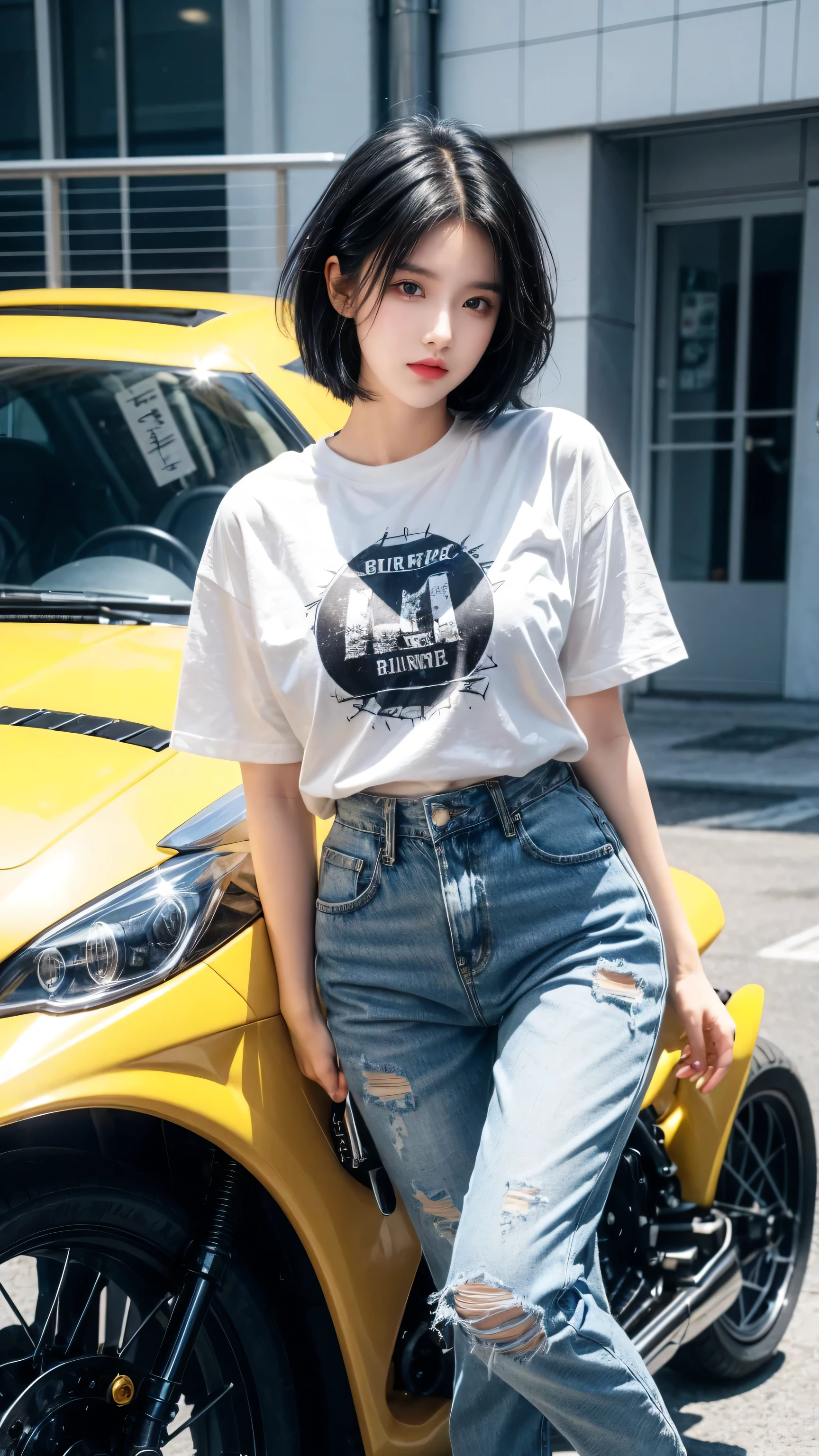 best quality, 1 Girl, Dark blue hair, black eyes, Very short hair, Spiky hair, oversize t-shirt, High waist short jeans, 171 cm, Messy hair, Hair between the eyes, Medium breasts, full, Tomboy, aldult, 20 years old, 1 Girl near yellow motorcycle