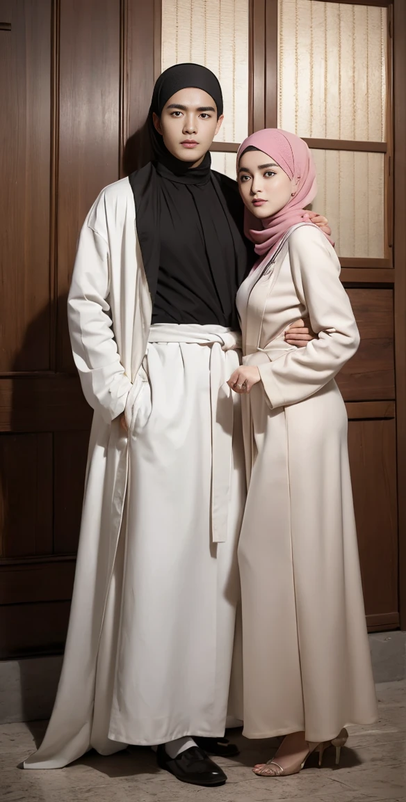 masutepiece, Best Quality, Illustration, Ultra-detailed, finely detail, hight resolution, 8K Wallpaper, Perfect dynamic composition, beautiful hijab girl muslim and her partner,married couple, handsome face, (girl's clothing): wearing a only Muslim woman's robe, unbuttoned loose opened clothes, showing nude breasts and hijab, (Men's clothing): wearing a black shirt, full body photo shot