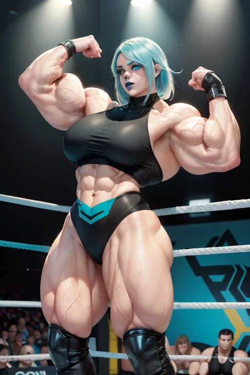 (((((Massive tall, beautiful, buff, pale white skinned woman with cyan hair, black lipstick, ginormous bulky muscles and wearing a black pro wrestling suit with shorts))))), close view, massive muscle, massive biceps, hyper muscle shoulders, (massive muscle arms), vascular shoulders, hyper muscle triceps, (long beachy hair), purple eyes, choker, (knee pads), pro wrestling boots, in a pro wrestling ring, (fingerless gloves), confident smirk, night, hyper vascular arm, hyper muscles arms, hyper muscle legs, (massive arms).