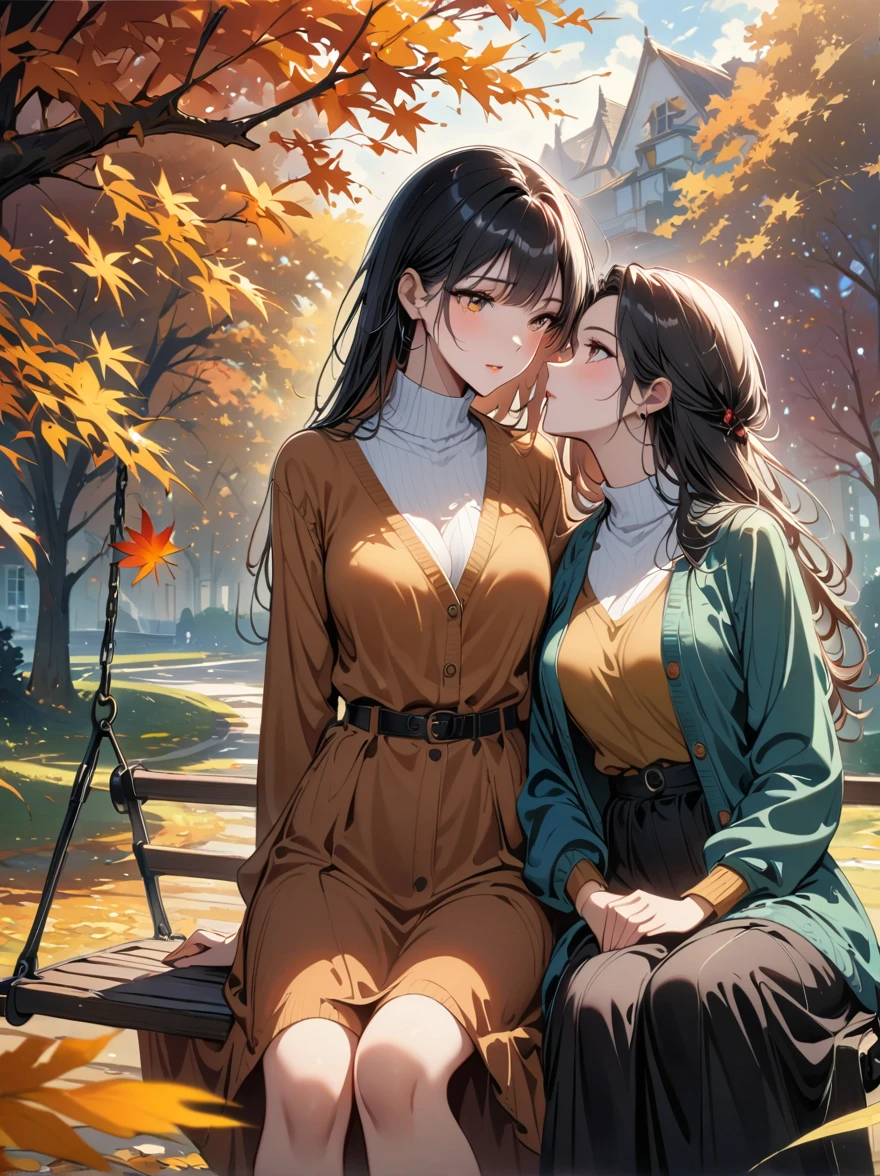 A couple sitting on a swing in autumn，Passionate kisses，Stunning scenery，Golden autumn leaves，Beautiful detailed eyes，Beautiful detailed lips，extremelydetailedeyesandface，Long eyelashes，Cozy Fall Outfits，Warm colors，Sunlight through the trees，breeze，picturesque park，Romantic Mood，Tranquil Background，(Best quality，8k，high resolution，masterpiece), Ultra Detailed, HDR，UHD，Studio Lighting，Super Fine，Extremely detailed description，major，Vivid colors，blur background