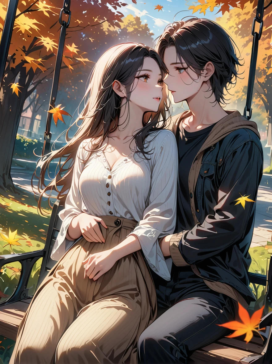 A couple sitting on a swing in autumn,Passionate kisses,Stunning scenery,Golden autumn leaves,Beautiful detailed eyes,Beautiful detailed lips,extremelydetailedeyesandface,Long eyelashes,Cozy Fall Outfits,Warm colors,Sunlight through the trees,breeze,picturesque park,Romantic Mood,Tranquil Background,(Best quality,8k,high resolution,masterpiece), Ultra Detailed, HDR,UHD,Studio Lighting,Super Fine,Extremely detailed description,major,Vivid colors,blur background
