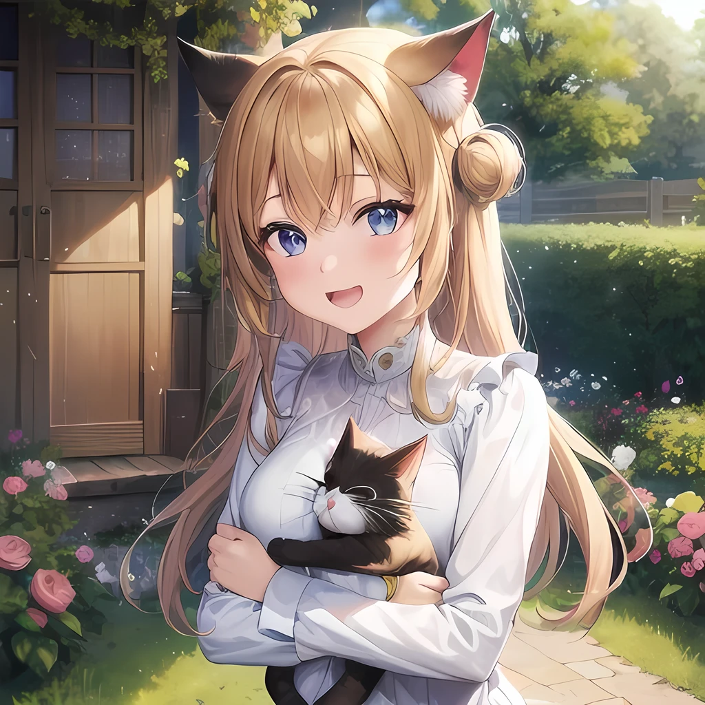 TOP quality,8K, masterpiece, (manga:1.2), (1girl, cat:1.2), (laugh:1.3), (garden),