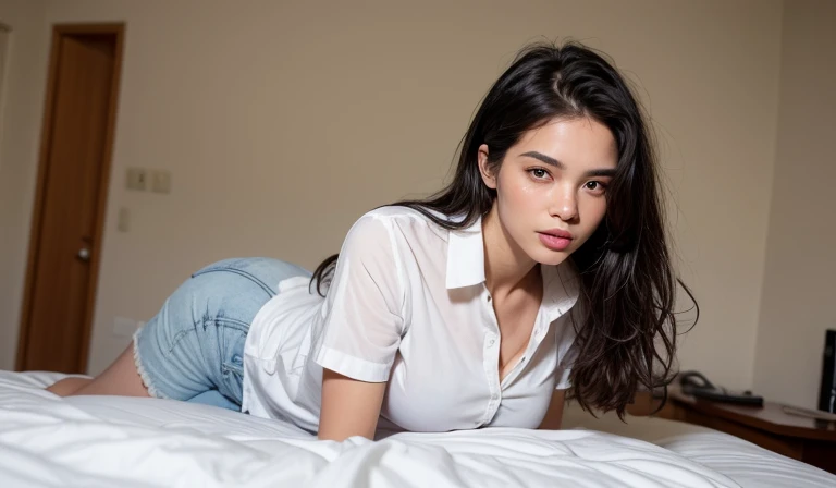 ((Top quality, 8k, Masterpiece: 1.3)), beauty, hidden face, 1 girl, beauty: 1.3, slender abs: 1.1, large men's shirt (loose: 1.4) exposed, full chest, long black hair, (kneeling on bed), ultra-detailed face, highly detailed lips, detailed eyes, double eyelids, strict head and body ratio: 1.5,