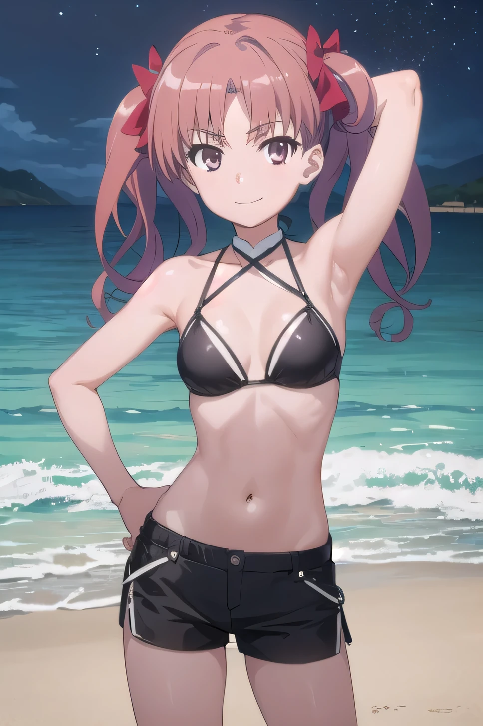 (((pixel-perfect, detail-perfect))), solo, 1girl, shirai kuroko, (cowboy shot:1.5), solo, night sky, beach, arm behind head, hand on hip, contrapposto, spread armpits, looking at viewer, best quality, closed mouth, smile, black bikini, black shorts,