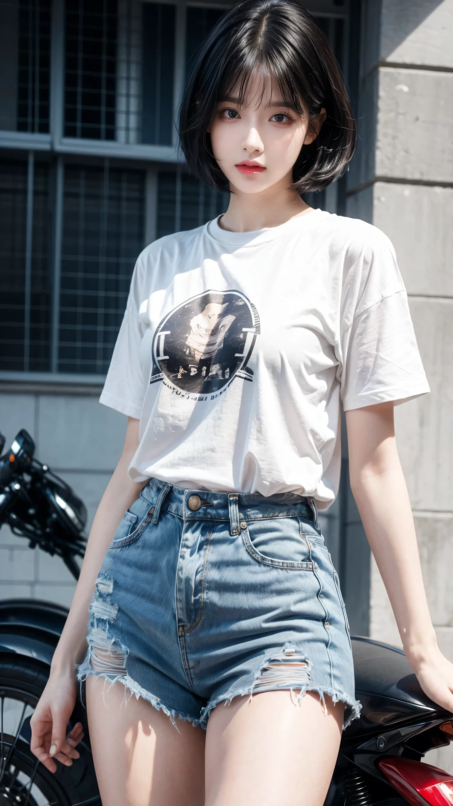 best quality,1/3 rule layout,Golden ratio, 1 Girl, dark blue hair, black eyes, Very short hair, Spiky hair, oversize t-shirt, High waist short jeans, 171 cm, Messy hair, Hair between the eyes, Medium breasts, full, Tomboy, aldult, 20 years old, 1 Girl near red down motorcycle