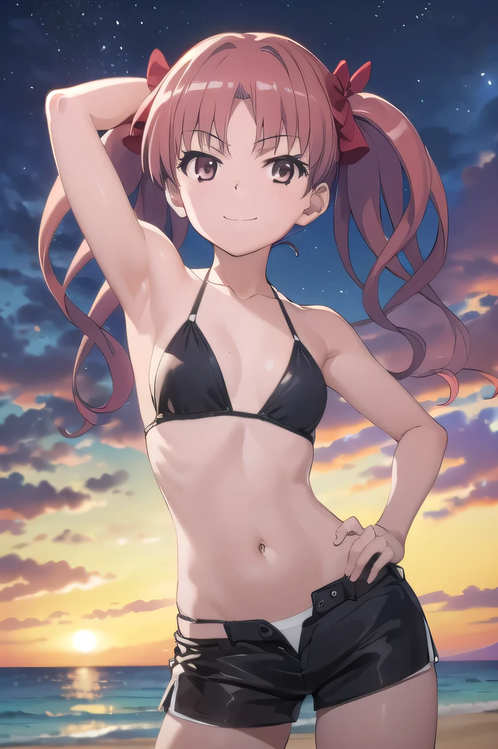 (((pixel-perfect, detail-perfect))), solo, 1girl, shirai kuroko, tokiwadai,  (cowboy shot:1.5), solo, night sky, beach, arm behind head, hand on hip, contrapposto, spread armpits, looking at viewer, best quality, closed mouth, smile, black bikini, black shorts,