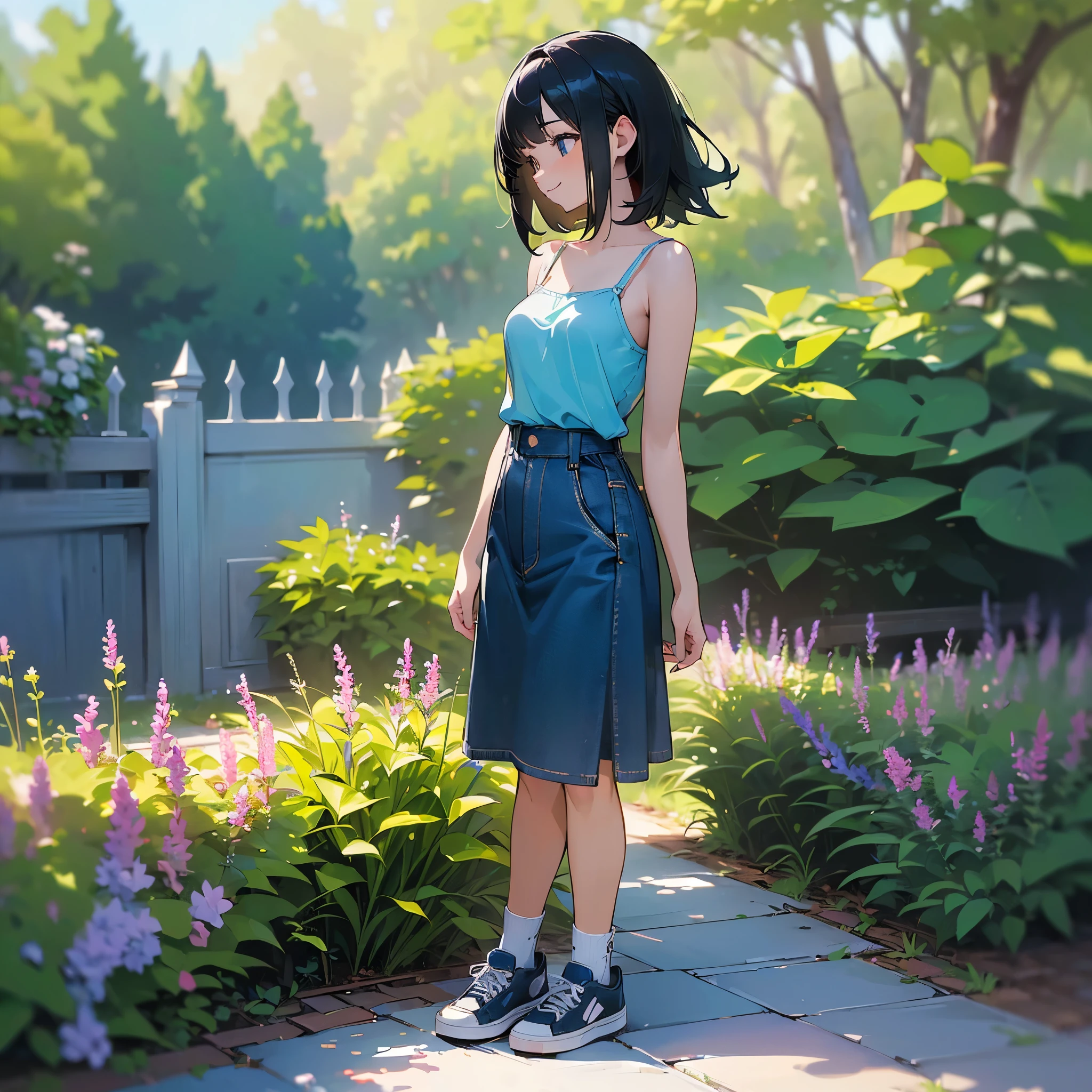 (high quality, High resolution, Very detailed, reality:1.37), Peaceful atmosphere, (Outdoor, garden), Teenage girl standing alone, (my breasts are big.), Beautiful details, Cute Smile, (Black bob hair), camisole, Denim skirt, Blue socks, sneakers.