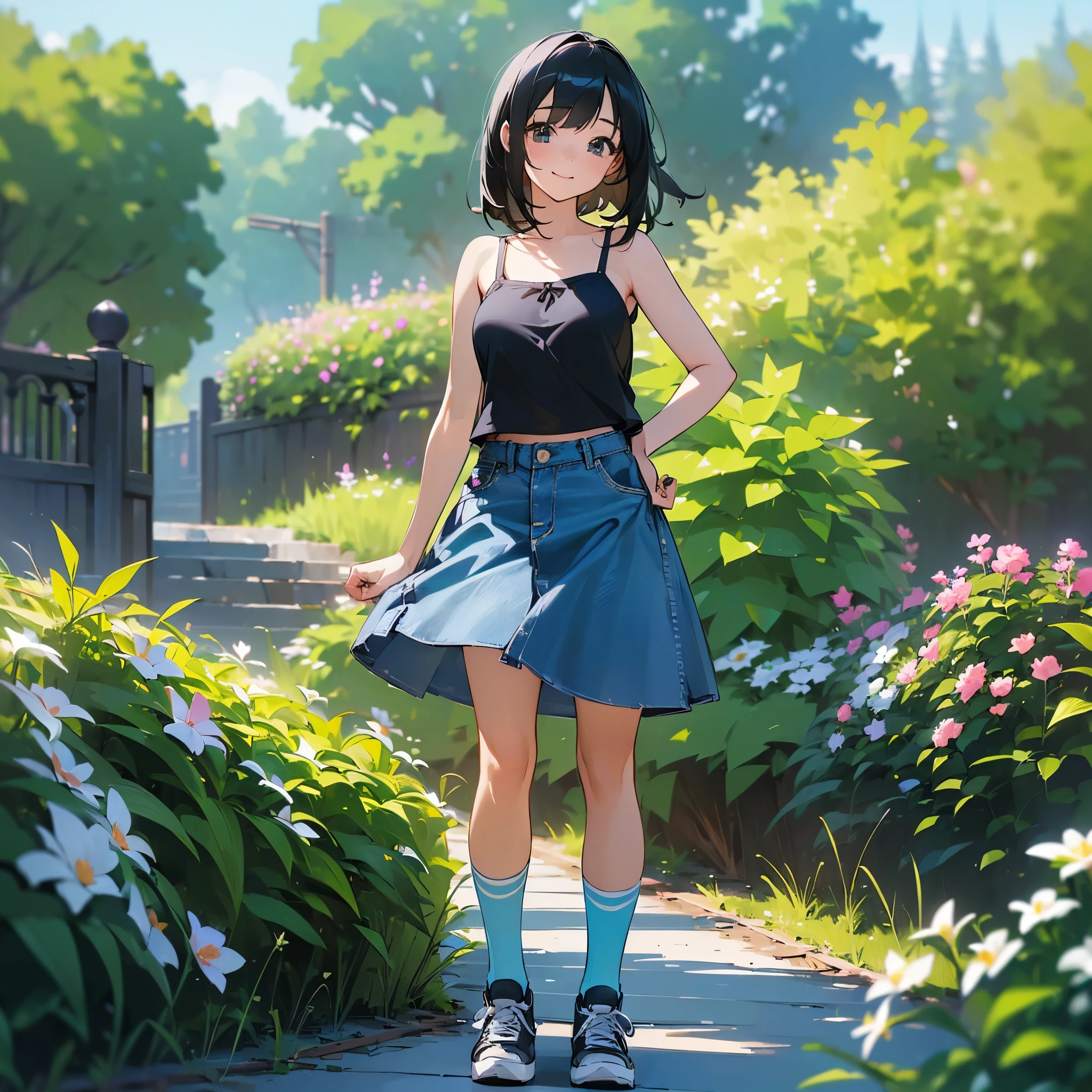 (high quality, High resolution, Very detailed, reality:1.37), Peaceful atmosphere, (Outdoor, garden), age girl standing alone, (my breasts are big.), Beautiful details, Cute Smile, (Black bob hair), camisole, Denim skirt, Blue socks, sneakers.