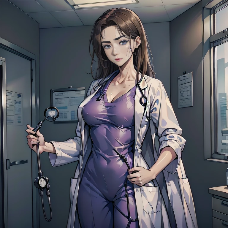 1woman, Sexy doctor, Curly brown hair, Blue eyes, Standing, ((doctors office)), sharp outline, a natural female, 35 year old, Best Quality, masterpiece, doctor_uniform, labcoat, stethoscope, doctor,scrub top,scrub trousersdoctor_uniform, labcoat, stethoscope, doctor