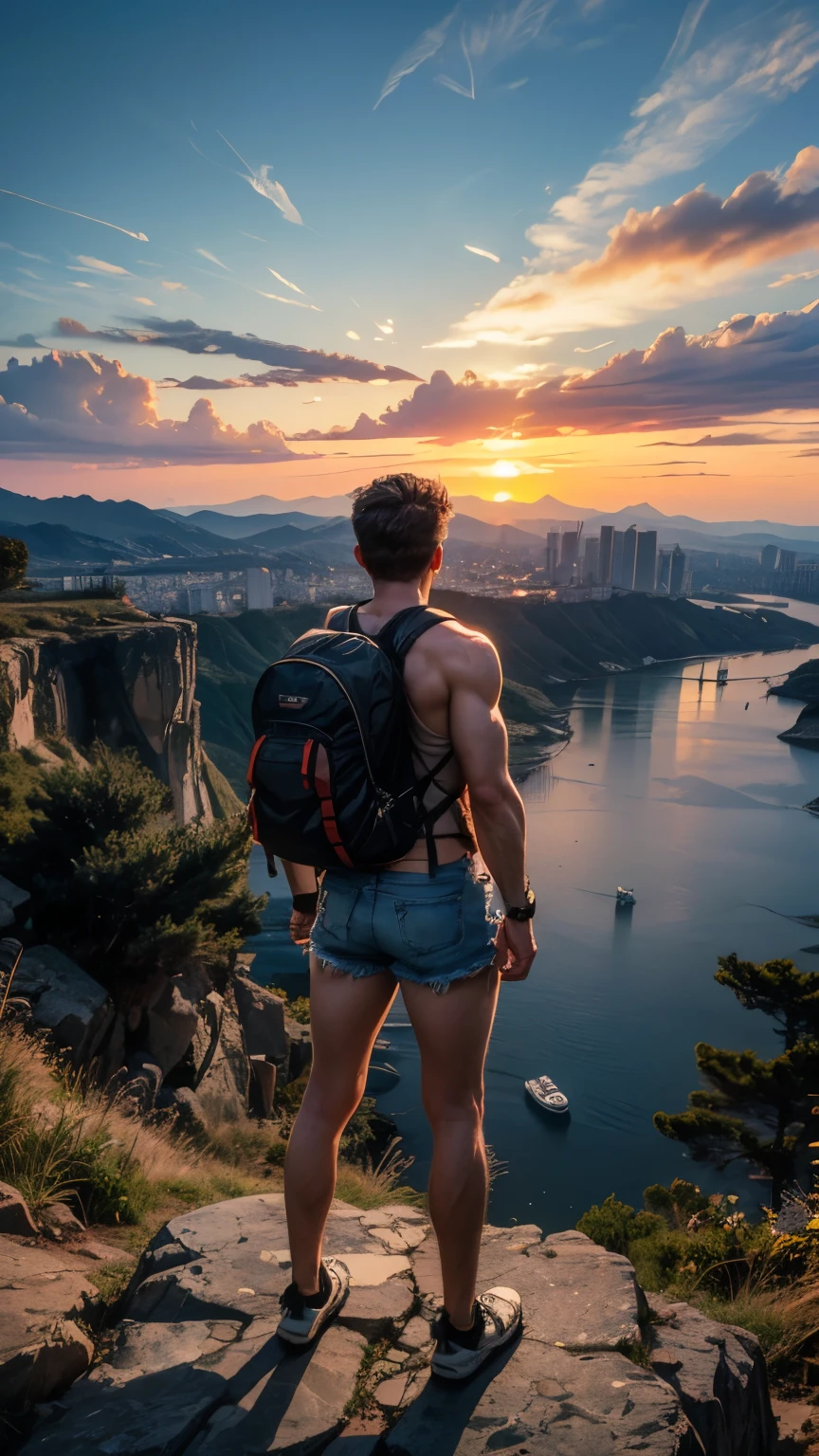 best quality, masterpiece, 8K, HD, masculine, male, handsome 18 year-old man, wearing torn white tank top and ripped denim booty shorts, camping backpack, standing on edge of high cliff, metropolitan city in the background, a big white rose in the foreground, sunrise on horizon, back view, vibrant colors, full body, highly detailed