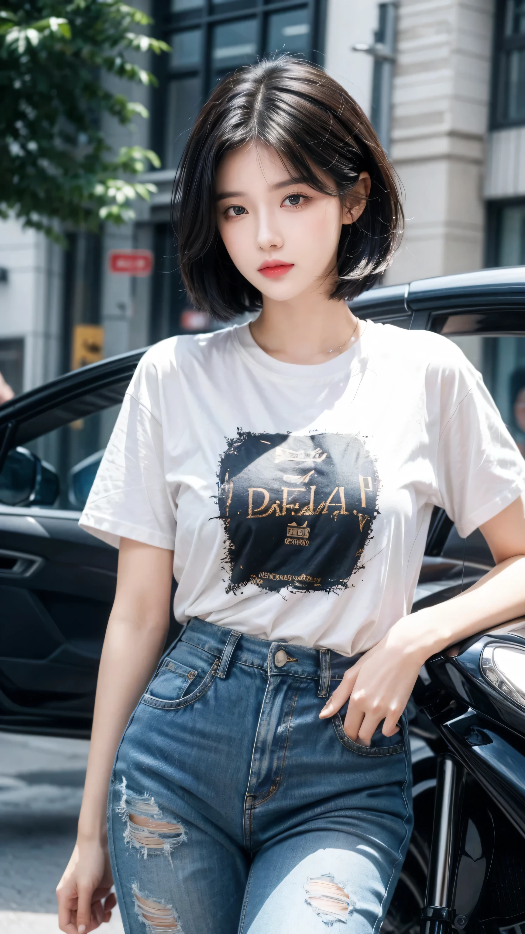 best quality,1/3 rule layout,Golden ratio,   1 Girl, dark blue hair, black eyes, Very short hair, Spiky hair, oversize t-shirt, High waist short jeans, 171 cm, Messy hair, Hair between the eyes, Medium breasts, full, Tomboy, aldult, 20 years old, 1 Girl near red down motorcycle