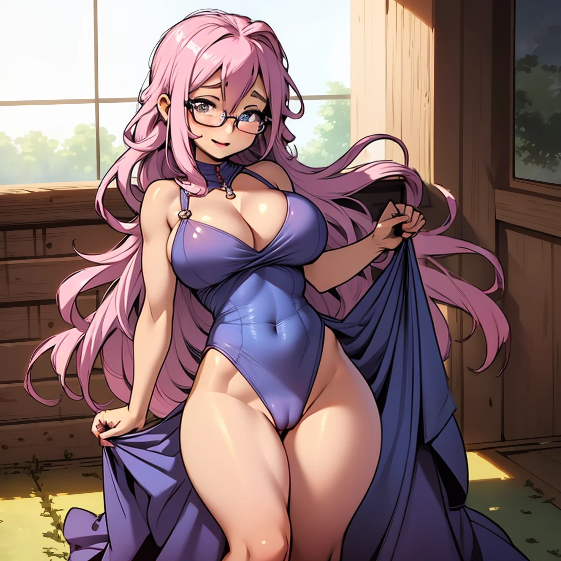 (masterpiece, best quality:1.2), cowboy shot,  ultra detailed 8k image, sharp image, (solo), (1girl):1.5, (glasses), long fluffy pink hair, hair blowing, gorgeous body, wide hips, slight smile, ((very sexy and transparent (blue nigthdress)) with exposed navel), musculous belly, gorgeous huge breasts, ((pink breasts niples) under very transparent blue nigthdress), (cameltoe).