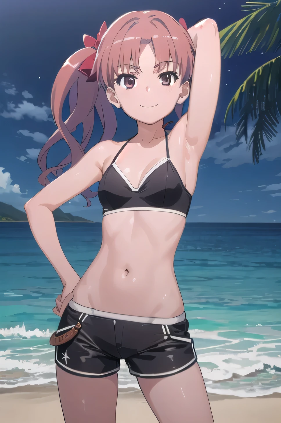 (((pixel-perfect, detail-perfect))), solo, 1girl, shirai kuroko, tokiwadai,  (cowboy shot:1.5), solo, night sky, beach, arm behind head, hand on hip, contrapposto, spread armpits, looking at viewer, best quality, closed mouth, smile, black bikini, black shorts,