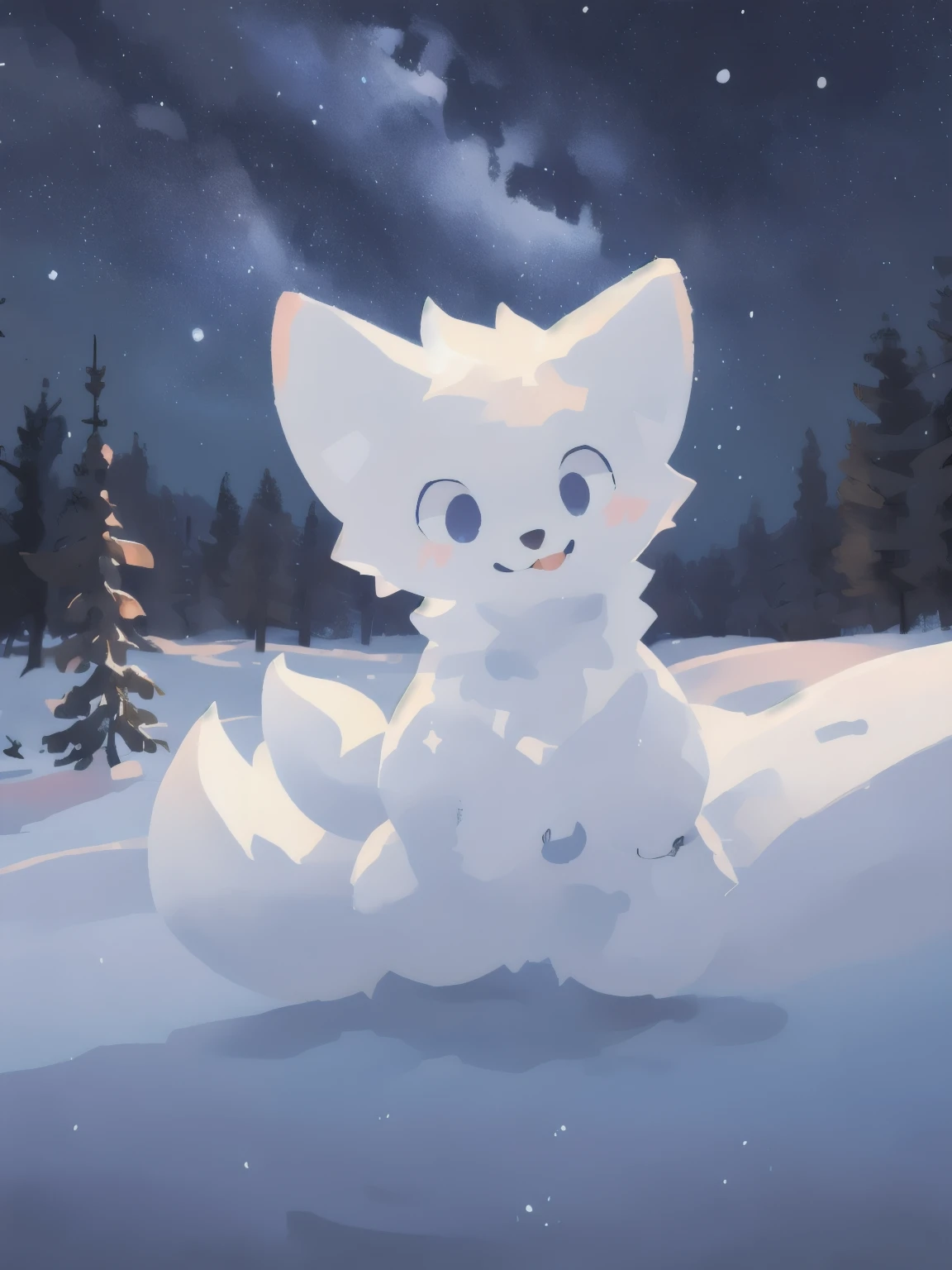 White fur, White body, looking at camera, Smile, Realistic BoyKisserFur,  Fine fur,whole body， Good shadows, Detailed shadows, Night Sky,  Star, Milky Way, Snow Scene，Cover with snow，ice