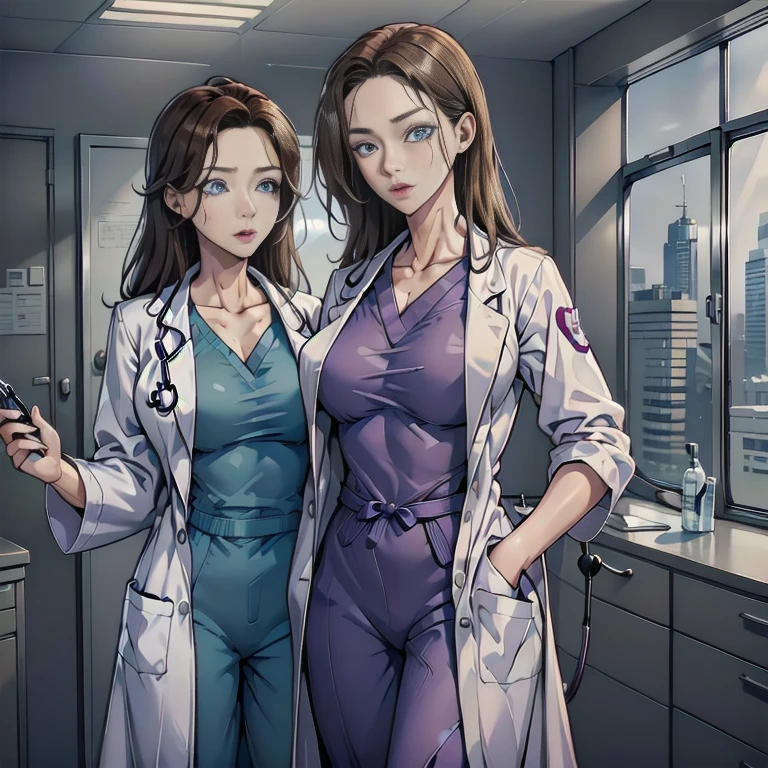 1woman, Sexy doctor, Curly brown hair, Blue eyes, Standing, ((doctors office)), sharp outline, a natural female, 35 year old, Best Quality, masterpiece, doctor_uniform, labcoat, stethoscope, doctor,scrub top,scrub trousersdoctor_uniform, labcoat, stethoscope, doctor