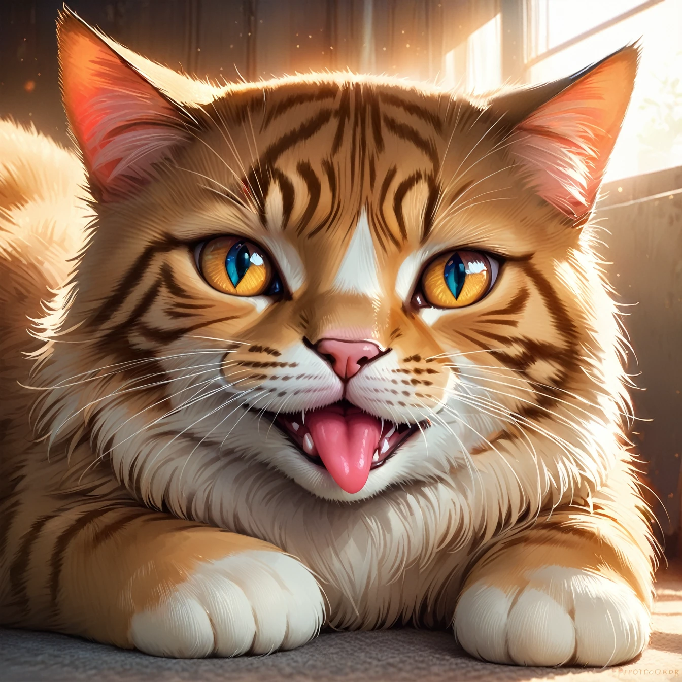 a relaxed cat with its pink tongue stuck out, cat with its tongue sticking out, cat with a relaxed expression, cat, feline, animal, pink tongue, detailed eyes, detailed face, realistic, photorealistic, 8k, high quality, detailed fur, soft lighting, warm color tones, cozy, comfortable, adorable, cute