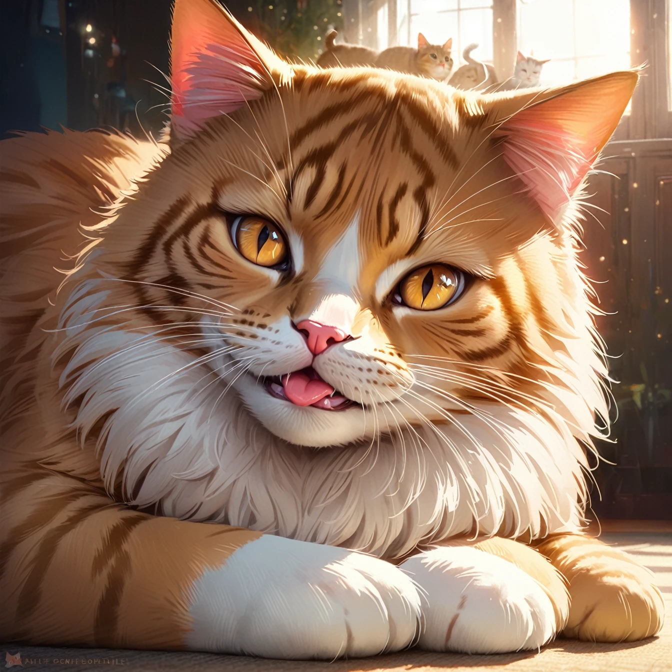 a relaxed cat with its pink tongue stuck out, cat with its tongue sticking out, cat with a relaxed expression, cat, feline, animal, pink tongue, detailed eyes, detailed face, realistic, photorealistic, 8k, high quality, detailed fur, soft lighting, warm color tones, cozy, comfortable, adorable, cute