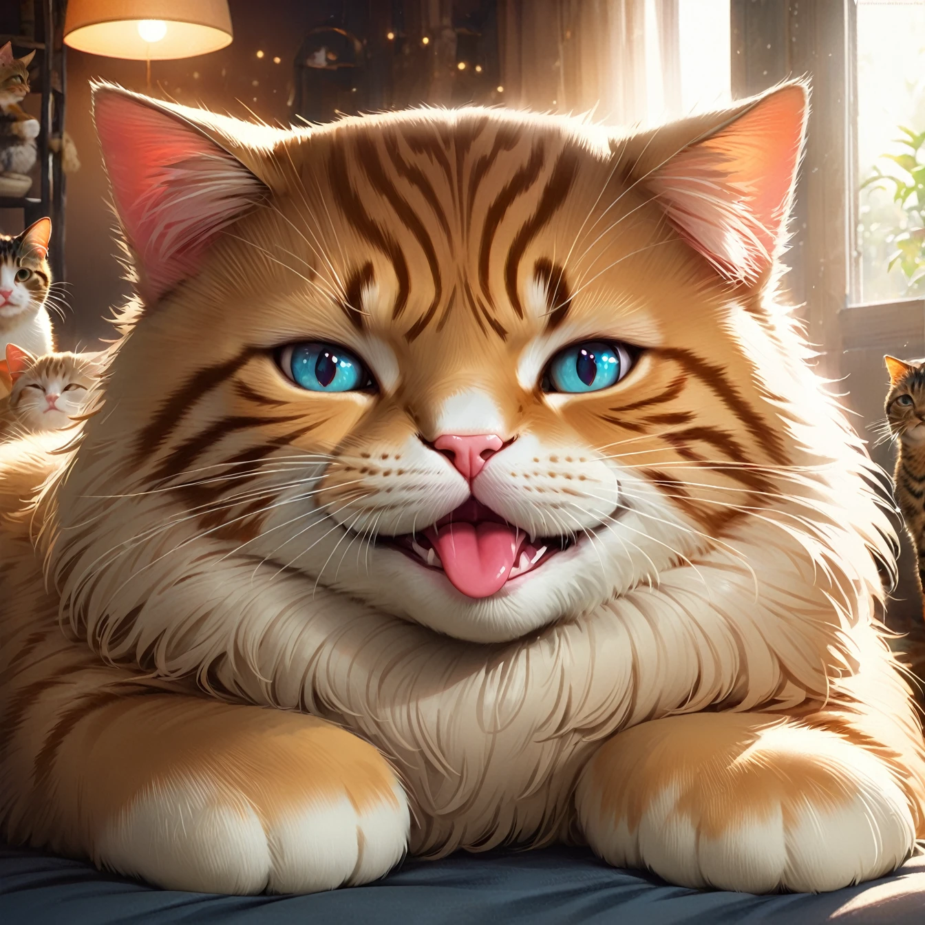 a relaxed cat with its pink tongue stuck out, cat with its tongue sticking out, cat with a relaxed expression, cat, feline, animal, pink tongue, detailed eyes, detailed face, realistic, photorealistic, 8k, high quality, detailed fur, soft lighting, warm color tones, cozy, comfortable, adorable, cute