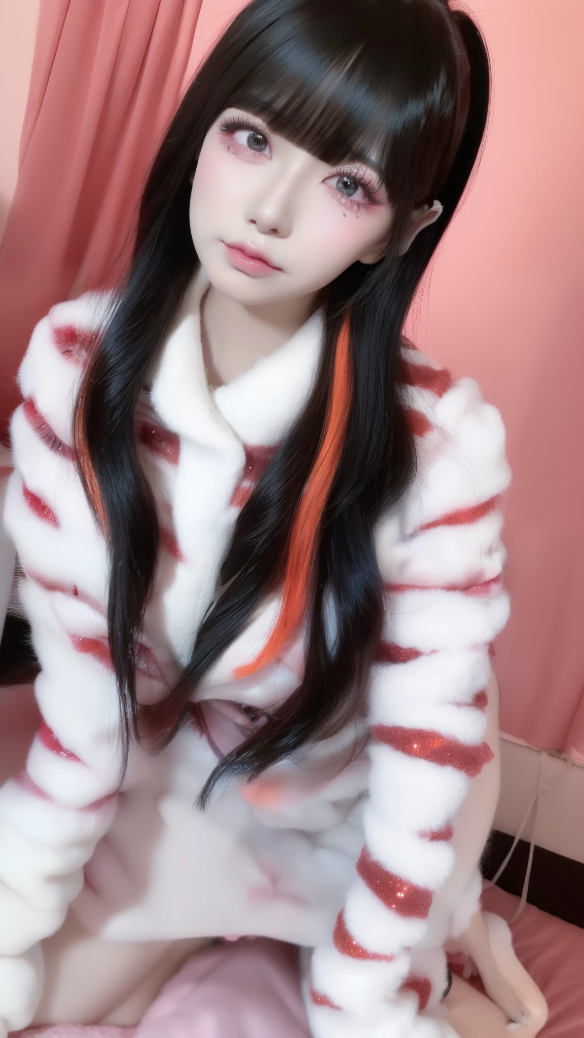 (JAV DVD Package Cover:1.5、JAV Cover:1.5, Large title text:1.5、Super big :1.5), (((Safe and secure、safety sensor、Absolutely safe、safety)))、

(mega :1.3), (((Safe and secure、Zero Two、Everyone、safety sensor、Absolutely safe、SFW, safety)))、 (extremely detailed, highest quality、masterpiece、detailed、 highest quality, Official Art, beautifully、beautiful:1.2), Cinema Lighting、(Key light at 45 degrees from the front,Orange Fill Light、Soft Blue Backlight、Strong Shadows、Blue and orange color palette), Accurate human body、Knowledgeable person、Correct five-finger、RAW Photos、 4K - ultra-vivid、highest quality, masterpiece, Ultra-high resolution, (reality: 1.4), 

(Oilskin,Glowing Skin、Realistic skin texture、Beautiful skin in every detail), (Sparkly red glitter gloss eyeliner:1.1, jirai make up:1.2) 、From feet to head、One Girl, The body is slim、Oval Face, pore, (Colored contact lenses、Lip gloss, Long eyelashes、Jirai Girl, Jirai Type Makeup:1.3)、Long black hair、A sweet face、Standing  Pose、

(((All these pajamas are made from super soft fleece material:1.8, Pajama dress type、Thick white horizontal stripes))), 

A room with a living feel、Disturbed room、Messy bed、Dark bedroom、Love Hotel、indoor、moonlit room、Dark Room、dim、A room in a cozy apartment、Messy room、Messy bed、(Night:1.3)