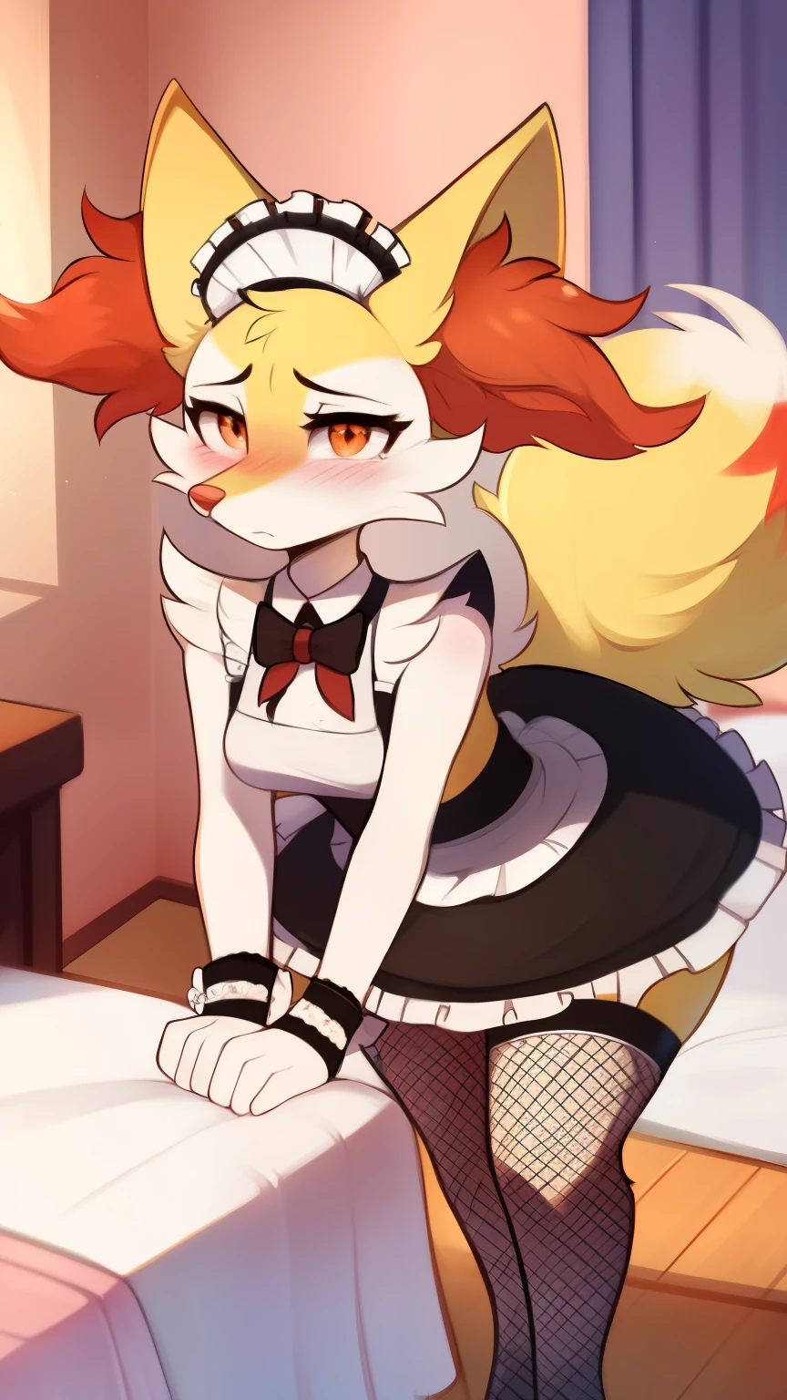 by waspsalad, by phluks, by zero-sum, Furry, braixen, Anthro, Female, (half-closed eyes), (orange eyes), (medium breasts, hips), (maid dress, Fishnet stockings, maid wristband), (embarassed), (shy), (blush), (annoyed), legwear, (lingerie:0.5), ((leg ribbon)), (bent over), (bowtie), (bedroom), (anthro, fluffy fur, character focus:1.1), anime-style cartoon-style, digital drawing, (shaded), (shaded art)