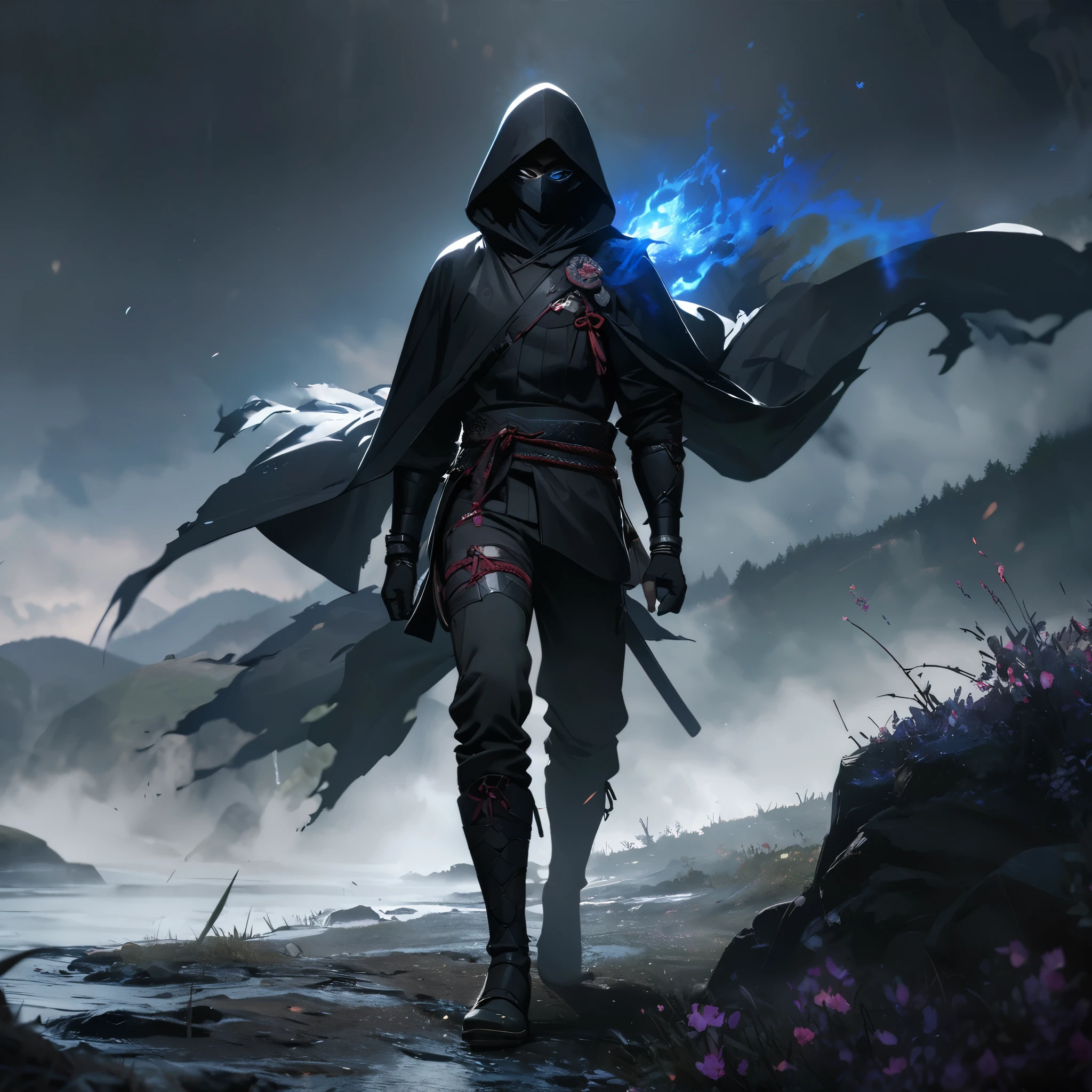 A ninja wearing a black uniform, black hood, black cape, black pants, black boots, with a dark blue aura, glowing dark blue eyes, wearing a black mask and black bracelet, in a foggy valley, full body. shadow, flower, UHD, masterpiece, accurate, anatomically correct, textured skin, super detail, high quality, best quality, 8k, high resolution, bokeh effect. (ninja solo)