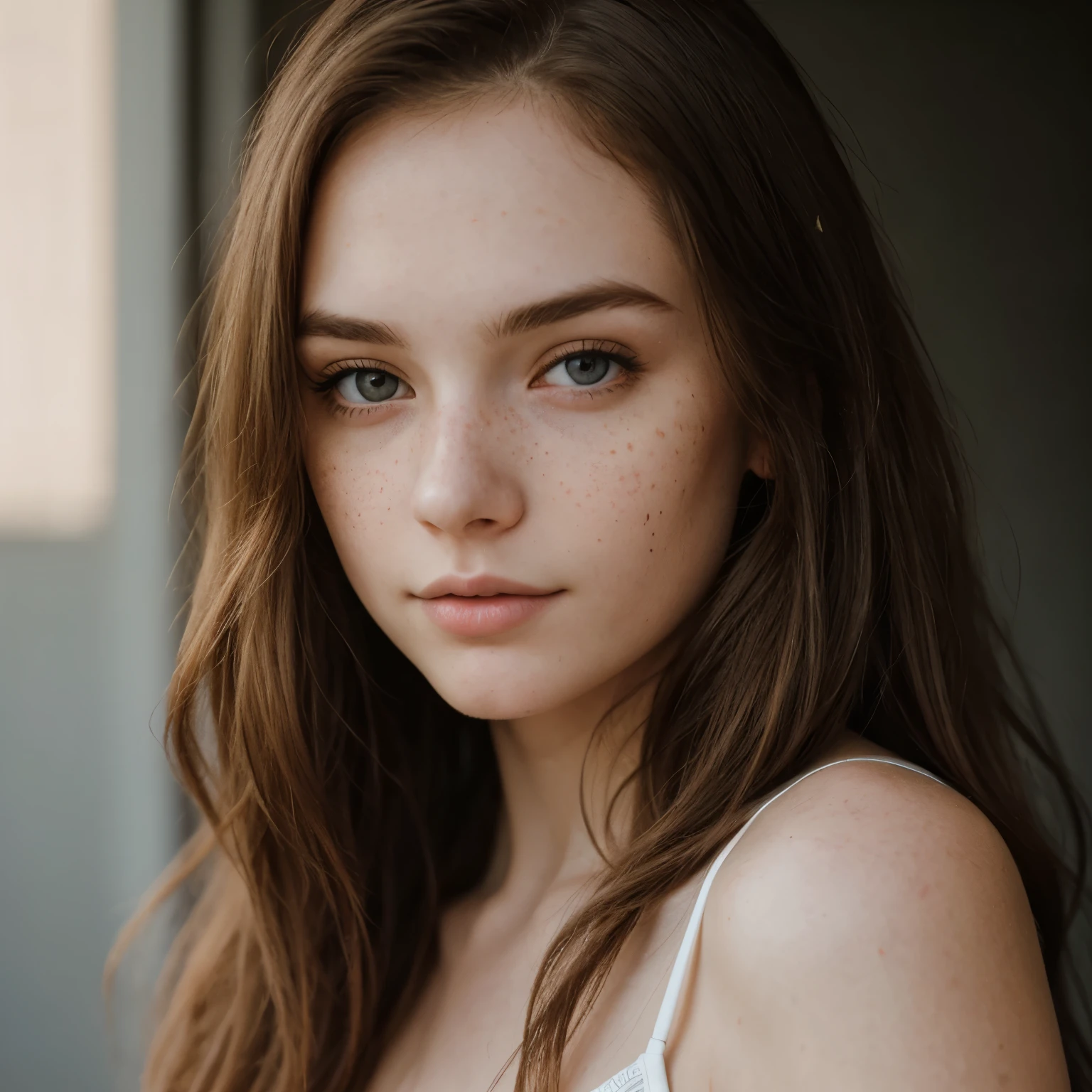 Young toned brunette woman,, long hair, extra pale skin, freckles, bright lighting with shadows,