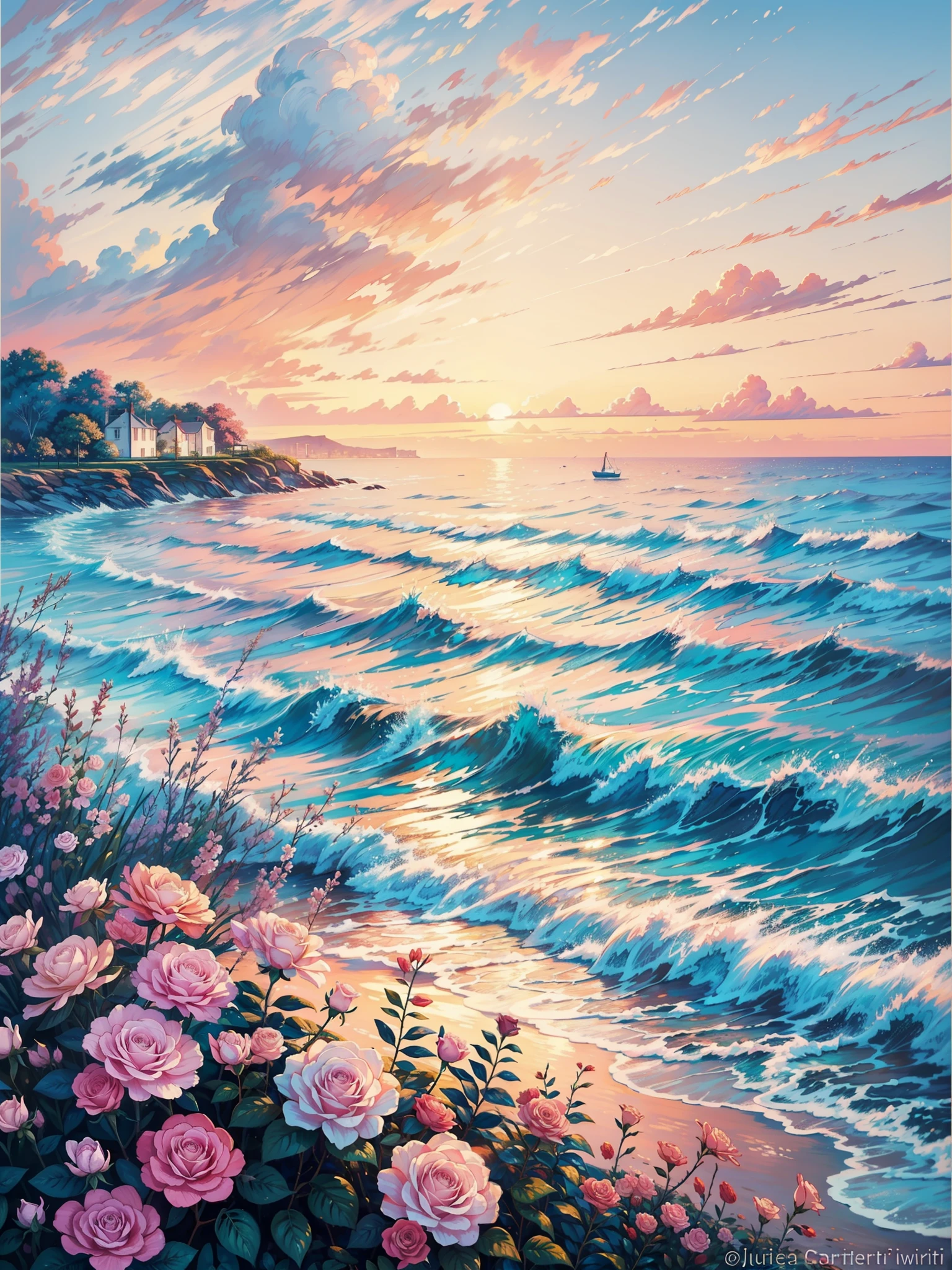 a painting of the ocean, floral sunset, rose background, floral splash painting, pastel ,  background, by Jane Carpanini, by Jeka Kemp, inspired by Blanche Hoschedé Monet, by Juliette Wytsman, by Susy Pilgrim Waters, by Louisa Puller, gorgeous painting, a beautiful painting, by Joanna Carrington, no human
