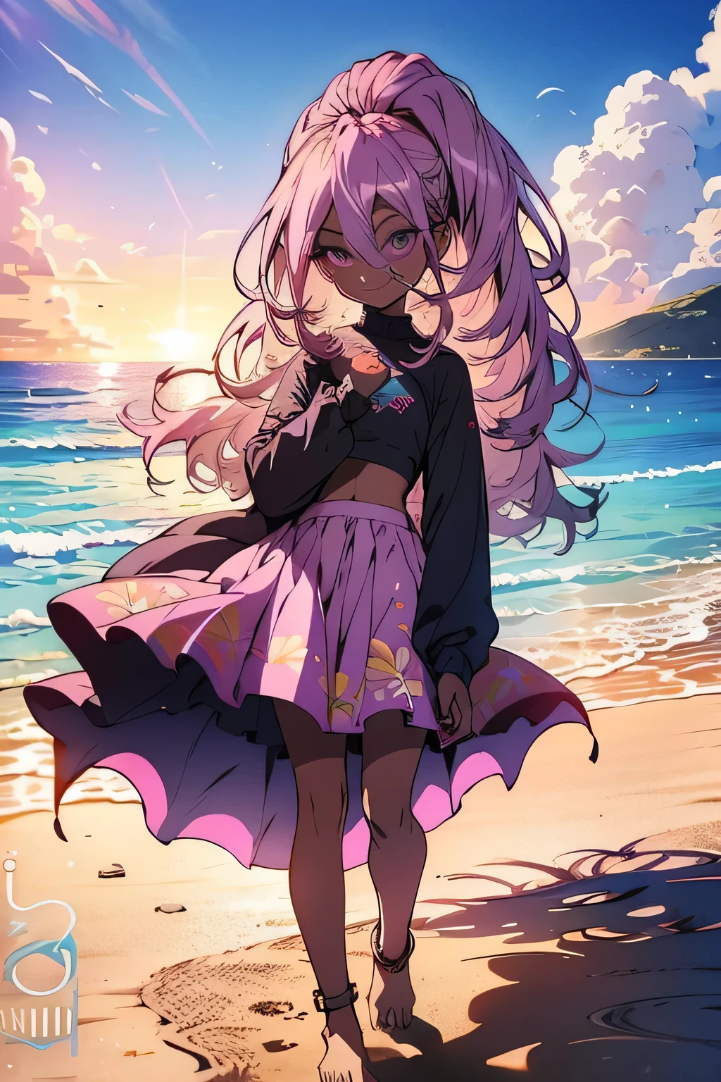 4k, masterpiece, crop top, high detailed, beautiful eyes, long pink hair, high ponytail, purple eyes, mischievous smile, wearing a light, flowing sundress with floral patterns, beach setting, standing barefoot on the sand, gentle waves in the background, bright sunlight, playful and carefree expression, wind lightly blowing her hair and dress, seashells scattered on the sand, summer vibes, relaxed and joyful atmosphere, spider pattern, detailed feet, beautiful eyes, (best quality), (extremely detailed 8K wallpaper), ultra-detailed, cinematic lighting, detailed light, best shadow, anklet, dark skinned, female, Hawaiian, detailed face, beautiful toes, beautiful hands, sunset, two legs,