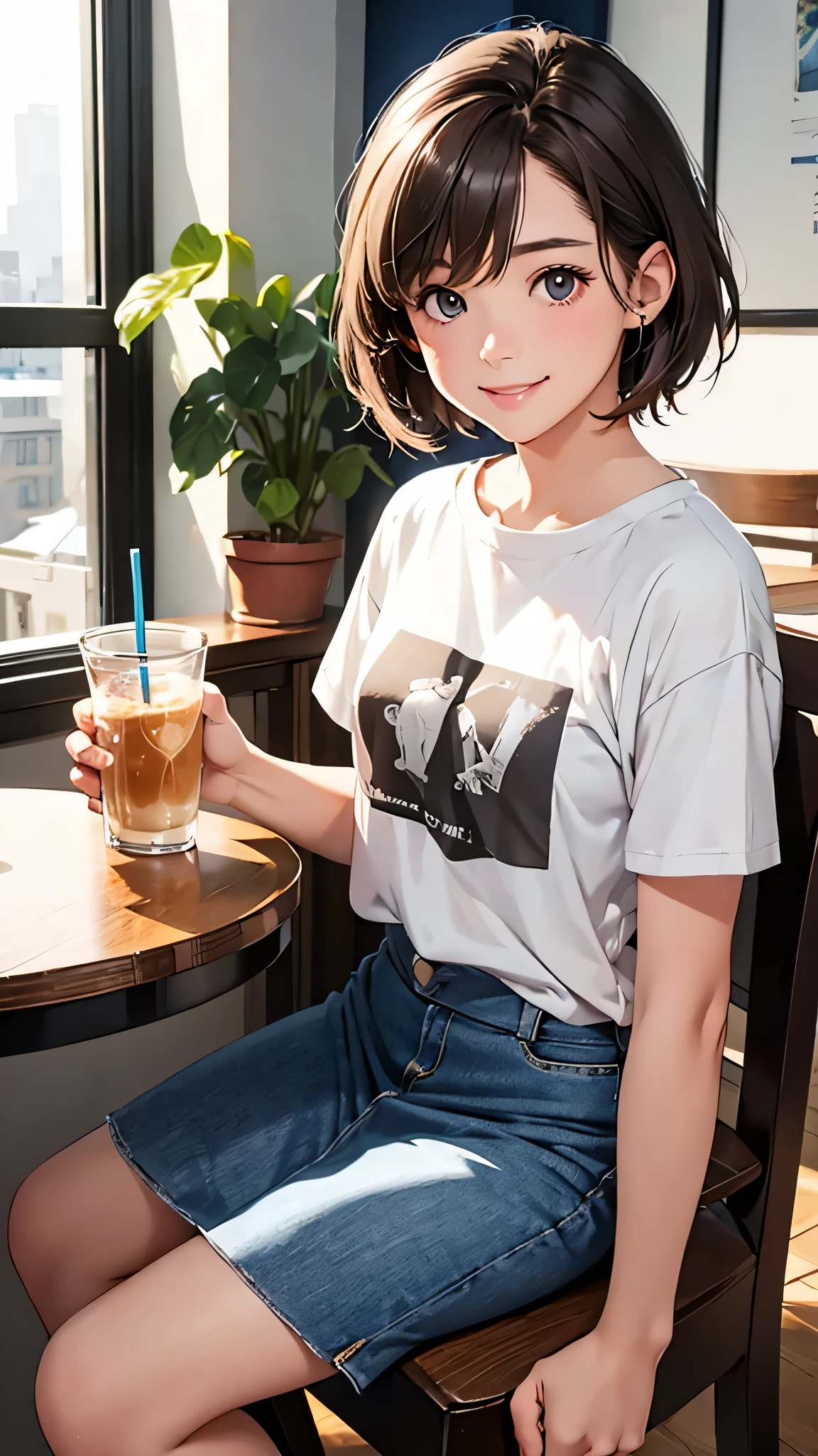 highest quality、Realistic、woman、student、zoom、cute、Grey Eyes、Light brown hair、short hair、T-Shirts、Blue mini skirt、Cafe、smile、Please sit down、drink tea