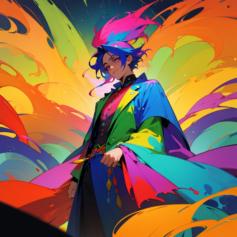 16k, best quality, illustration, painted colorful surreal fantasy landscape, vibrant colors, Man with a mixed cloth of dark Clown and mage