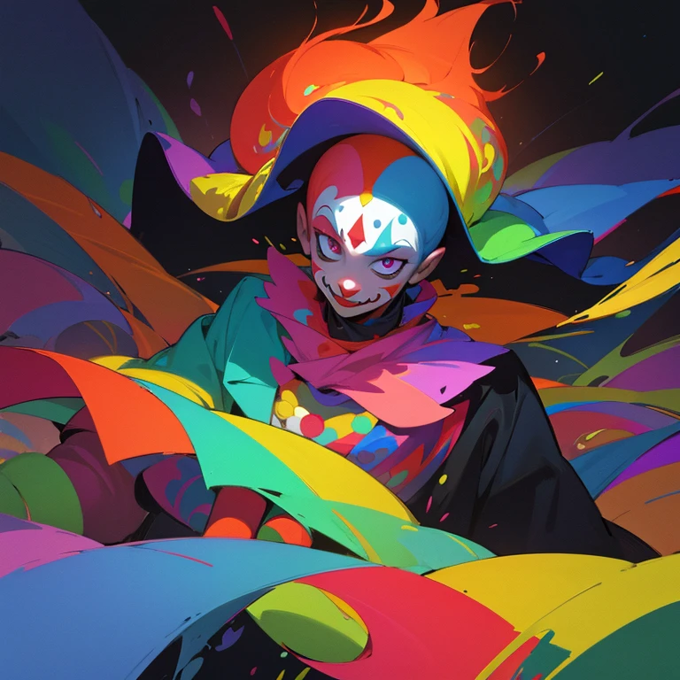 16k, best quality, illustration, painted colorful surreal fantasy landscape, vibrant colors, Man with a mixed cloth of dark Clown and mage