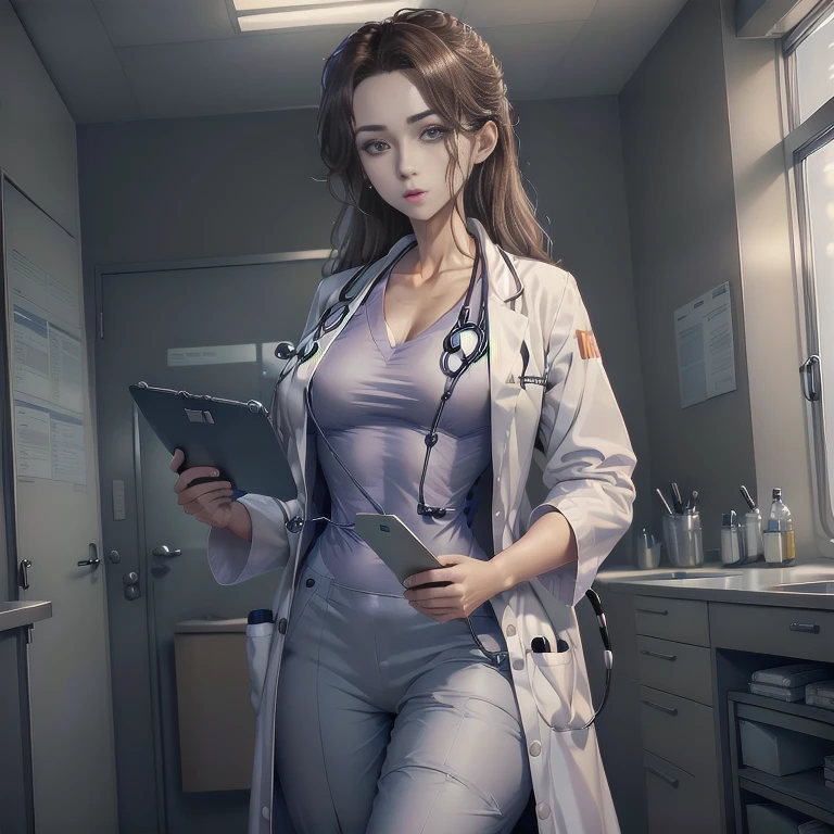 1woman, Sexy doctor, Curly brown hair, Blue eyes, Standing, ((doctors office)), sharp outline, a natural female, 35 year old, Best Quality, masterpiece, doctor_uniform, labcoat, stethoscope, doctor,scrub top,scrub trousersdoctor_uniform, labcoat, stethoscope, doctor