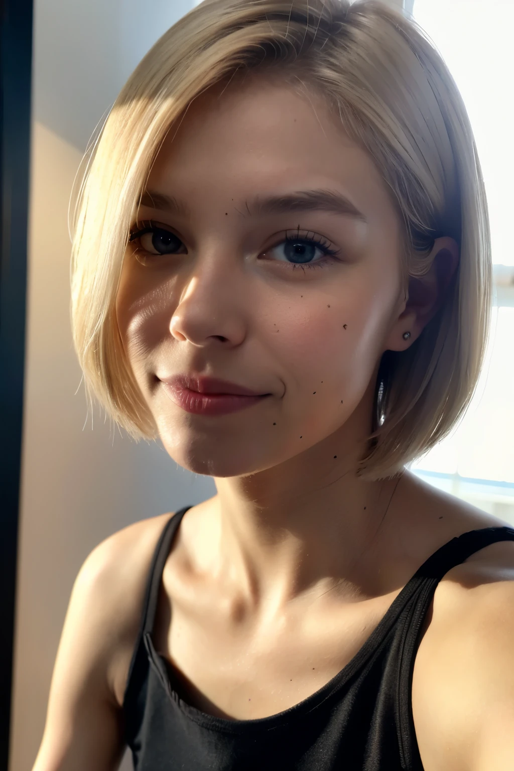 woman amateur, professional photography, photo on iphone, face, 8k quality, 18 years old, blonde, short hair, , wearing a blouse in the bedroom, fitness, cute, realistic, signals in face, amateur lighting, shape delicious, 
