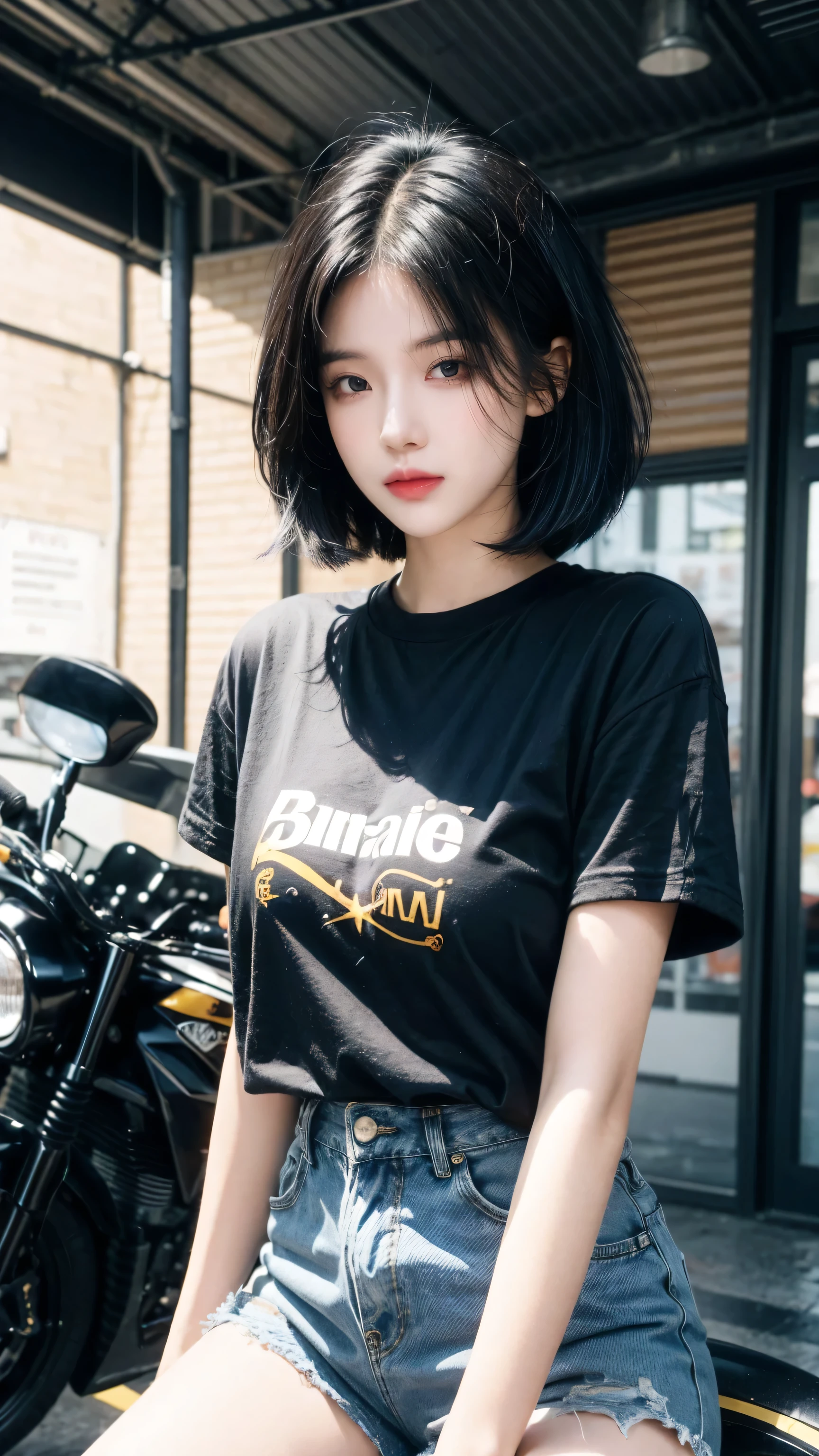 best quality, 1 Girl, Dark blue hair, black eyes, Very short hair, Spiky hair, oversize t-shirt, High waist short jeans, 171 cm, Messy hair, Hair between the eyes, Medium breasts, full, Tomboy, aldult, 20 years old, 1 Girl near yellow motorcycle