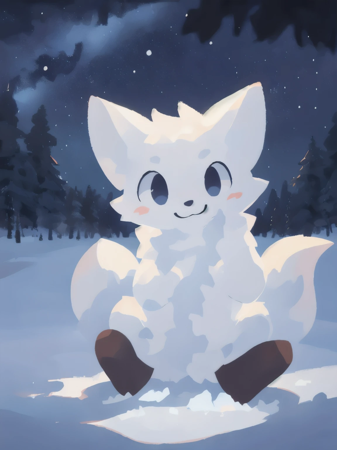 White fur, White body, looking at camera, Smile, Realistic BoyKisserFur,  Fine fur,whole body， Good shadows, Detailed shadows, Night Sky,  Star, Milky Way, Snow Scene，Cover with snow，ice