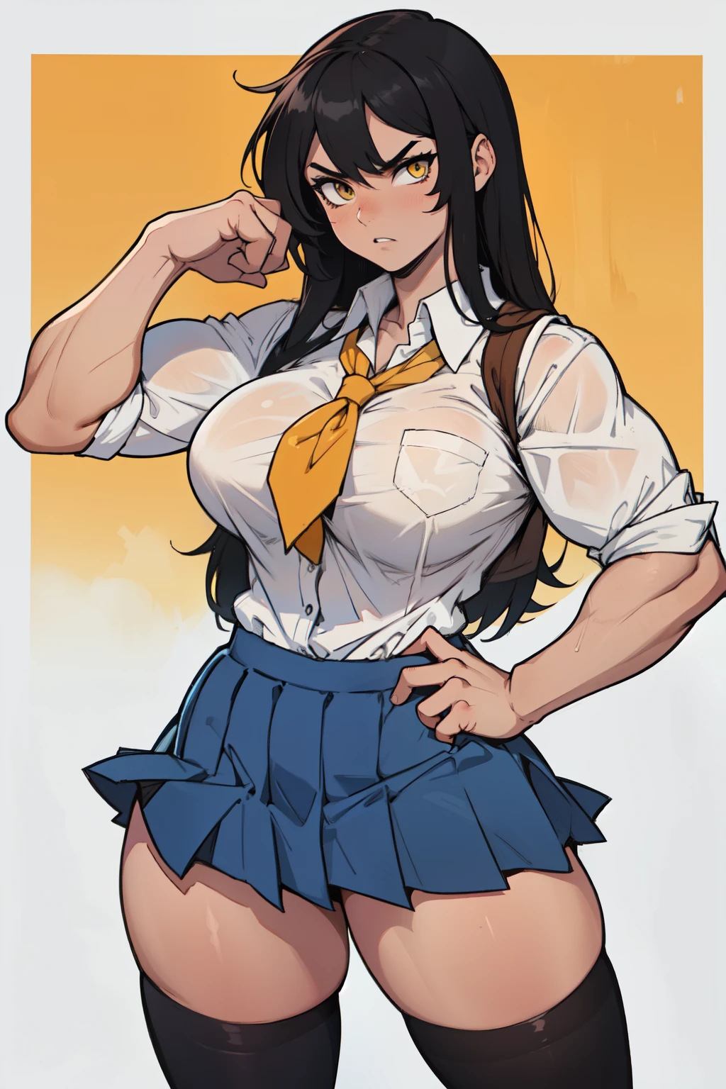 grey background 1girl black hair yellow eyes very long hair pale skin angry (bodybuilder huge breasts muscular toned body curvy wide hips thick thighs) (((school girl))) (((school girl))) (((school uniform))) (((school uniform)))