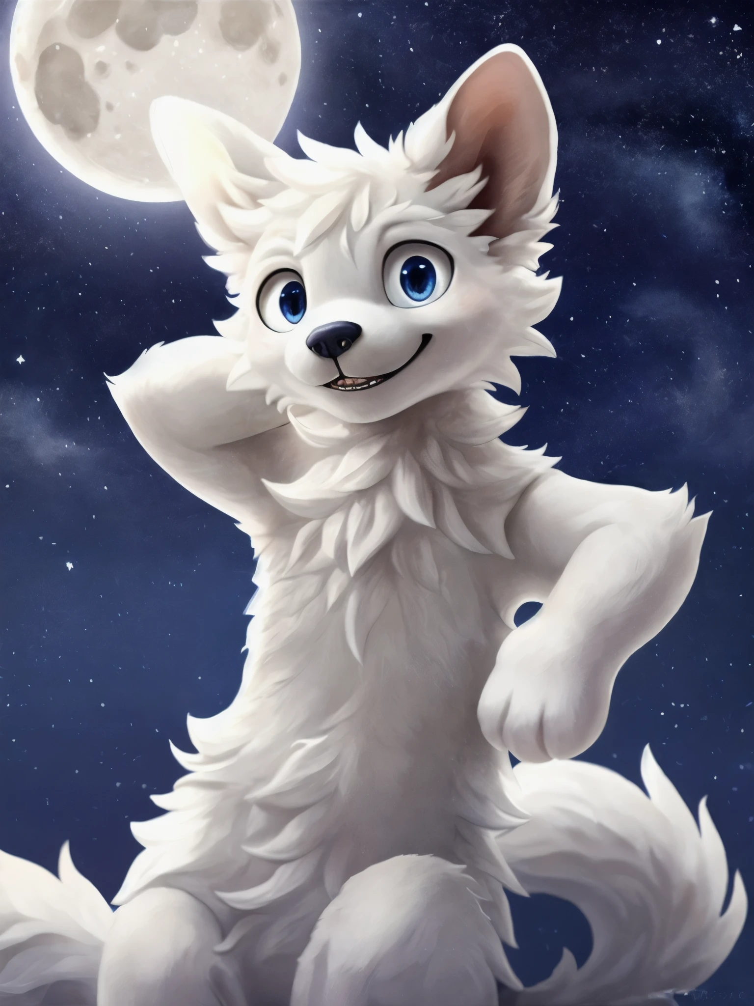 White fur, White body, looking at camera, Smile, Realistic BoyKisserFur,  Fine fur, Good shadows, Detailed shadows, Night Sky, moon, Star, Milky Way, depth, depth preseption, whole body