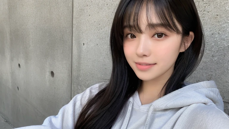 (highest quality、16K resolution)1 girl、solo、Natural soft light、、Japanese women、Looking into the camera、Concrete Background、Look forward、standing、Beaver、Female in her late teens、Light bangs、Long Hair、Black Hair,Natural look、Portrait、(White tank top),(A wide smile that shows your teeth)