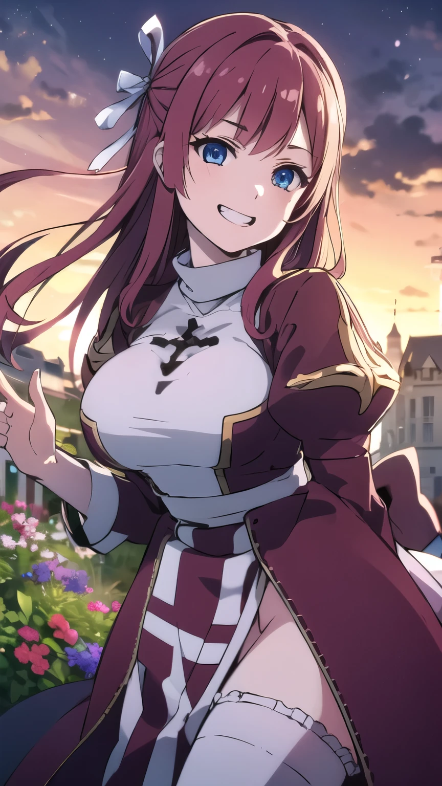 masterpiece, best quality, asuna ichinose, blue eyes, very long red hair, hair ribbon, solo, 1 girl, flower garden, outdoors, standing, cross, bow, grin, floating hair, looking at viewer, massive breasts, big breasts, clock tower, front view, leaning forward, upper body, cowboy shot, sunset,
