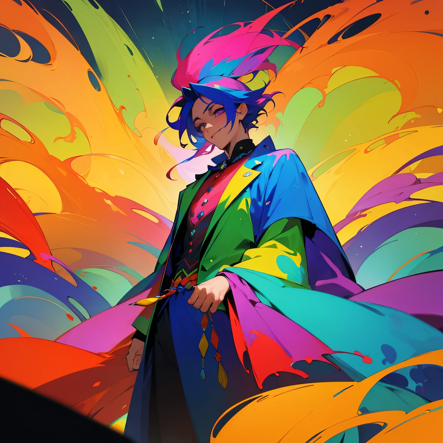 16k, best quality, illustration, painted colorful surreal fantasy landscape, vibrant colors, Man with a mixed cloth of dark Clown and mage